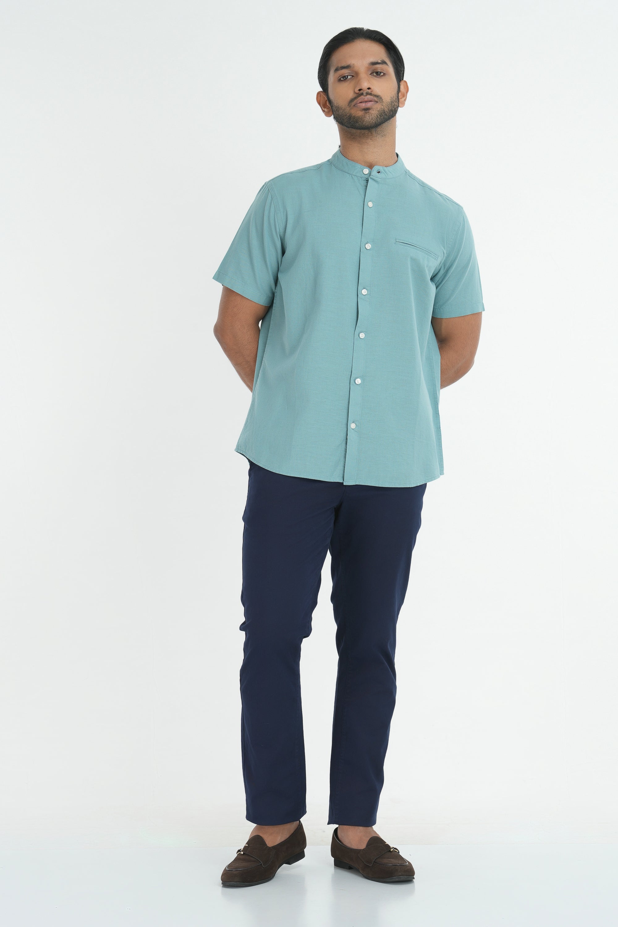 Classic Linen Cotton Mandarin Collar Shirt - Teal