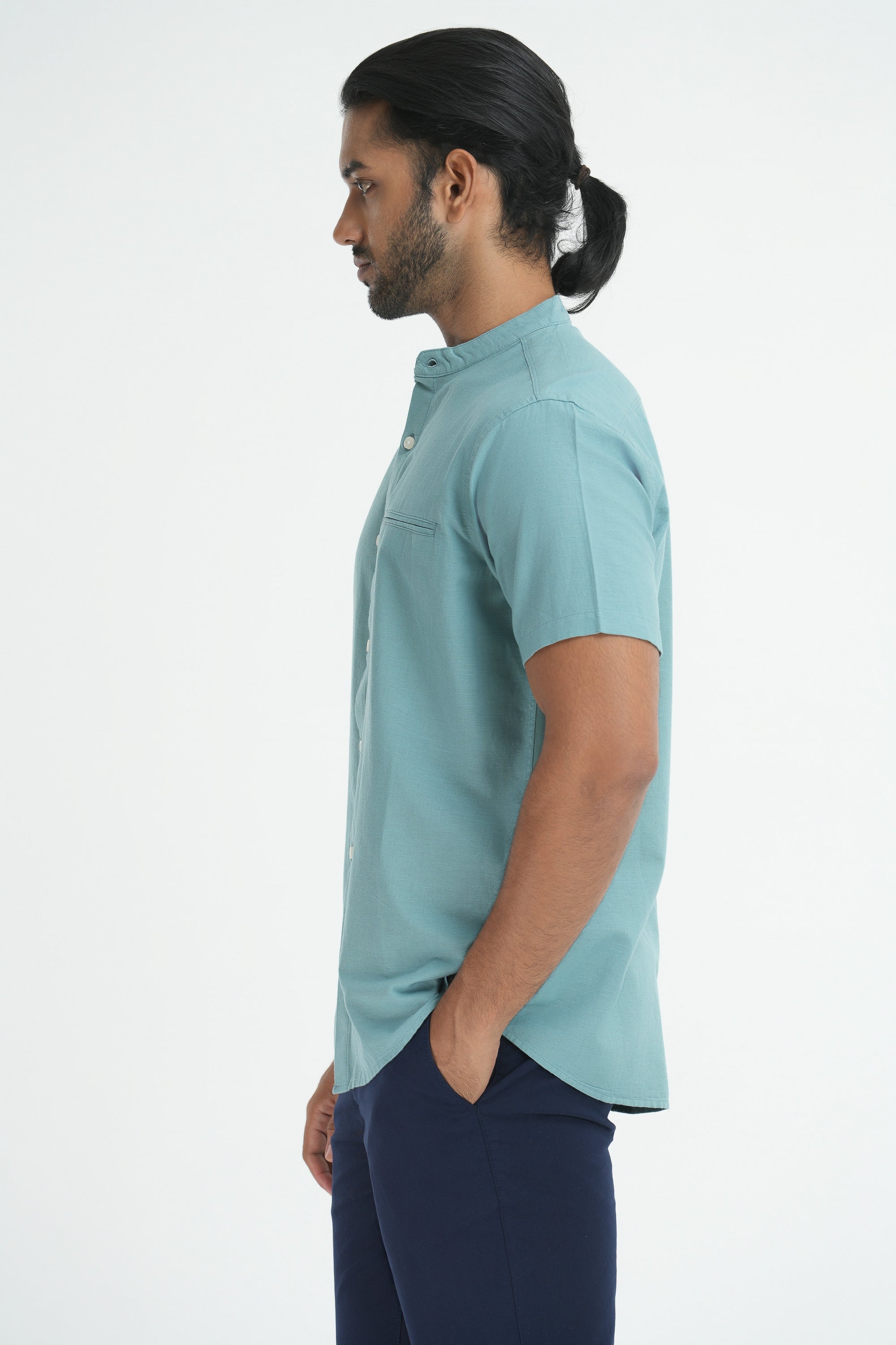 Classic Linen Cotton Mandarin Collar Shirt - Teal