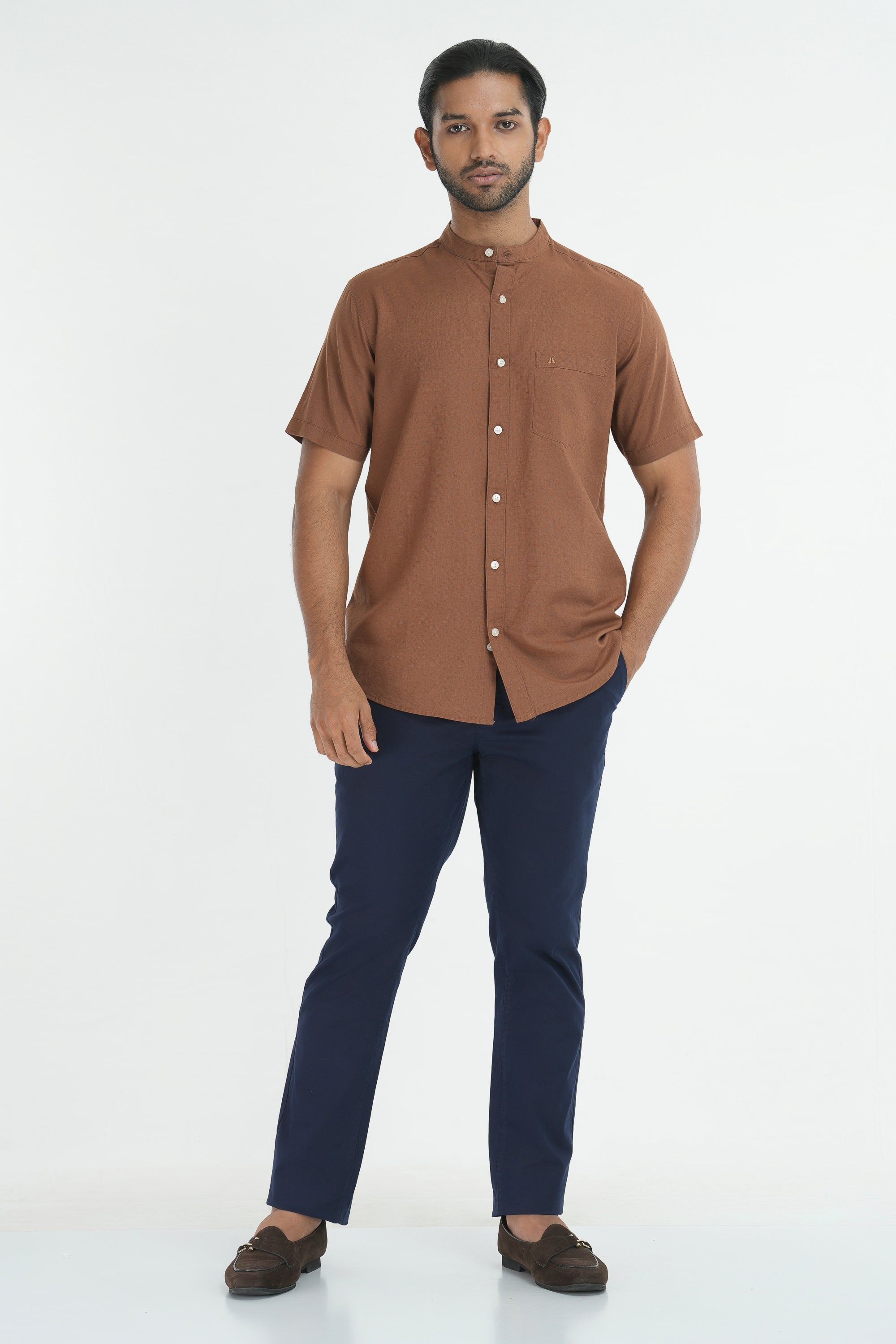 Classic Linen Cotton Mandarin Collar Shirt - Brown