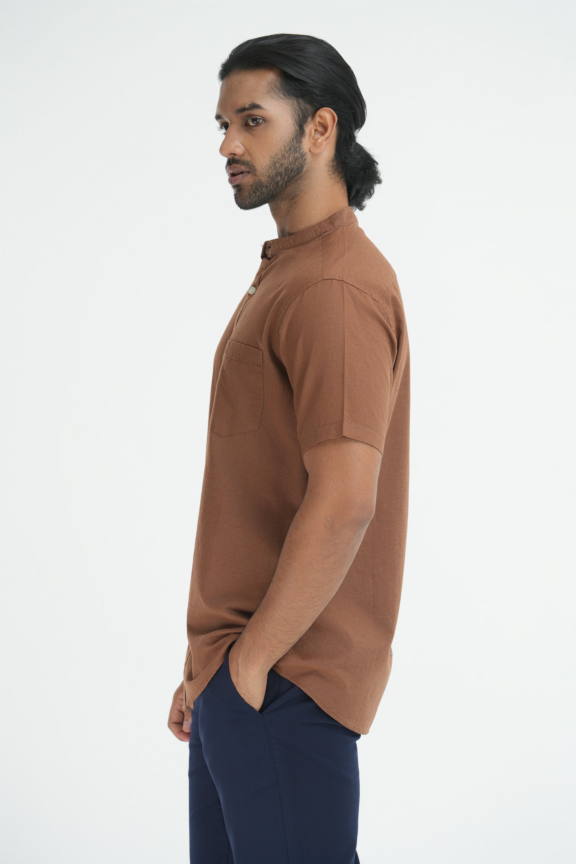 Classic Linen Cotton Mandarin Collar Shirt - Brown