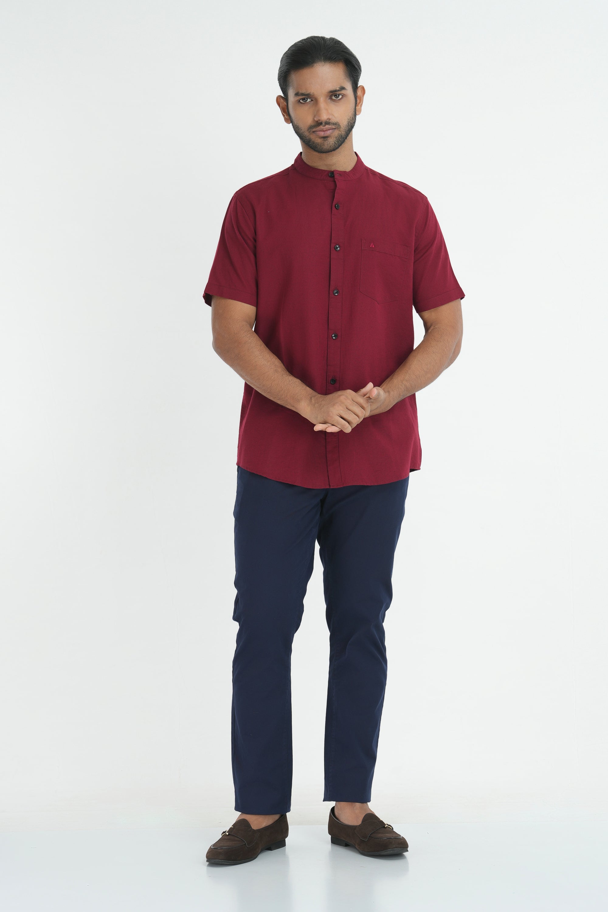 Classic Linen Cotton Mandarin Collar Shirt - Red