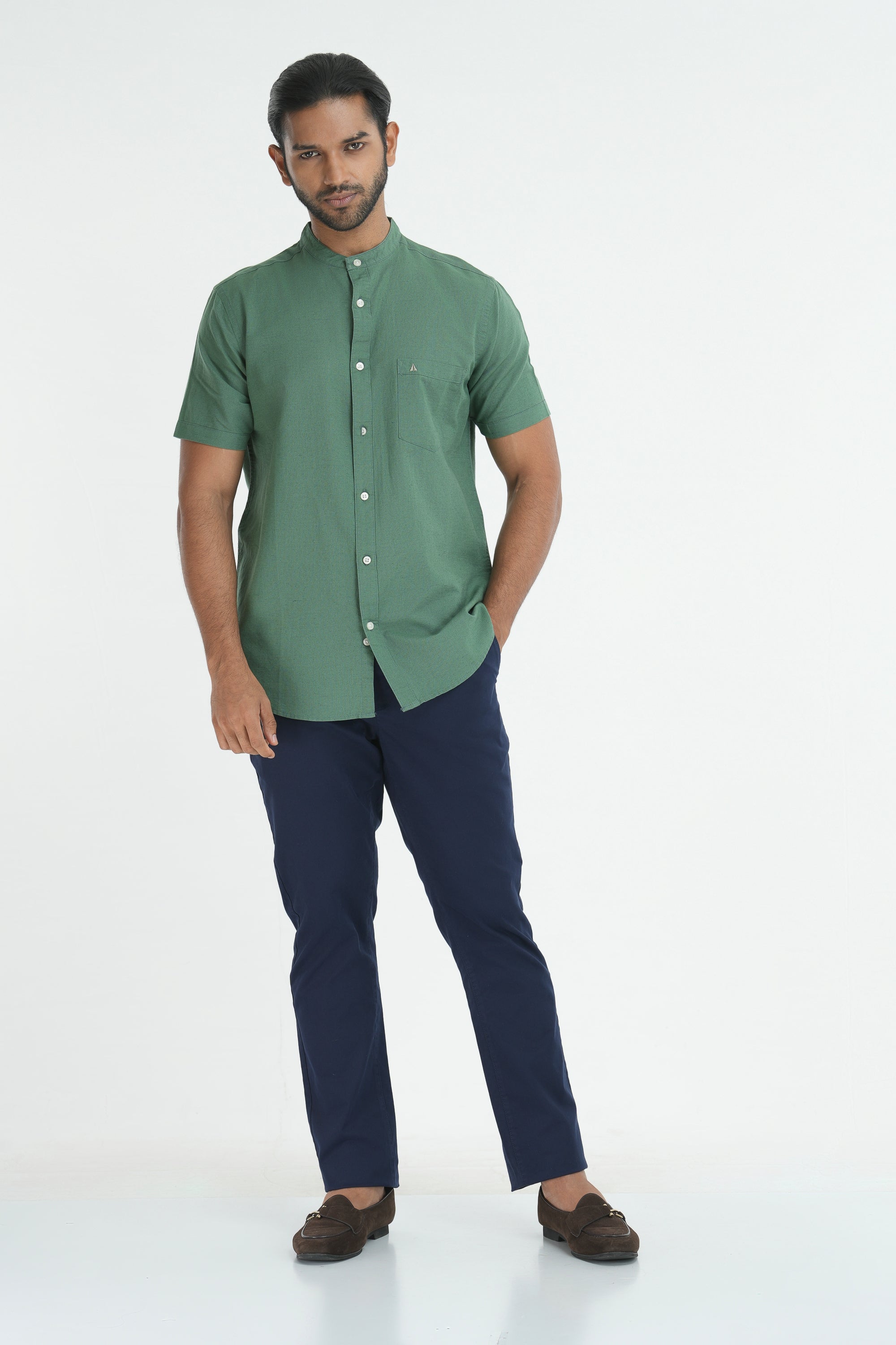 Classic Linen Cotton Mandarin Collar Shirt - Olive