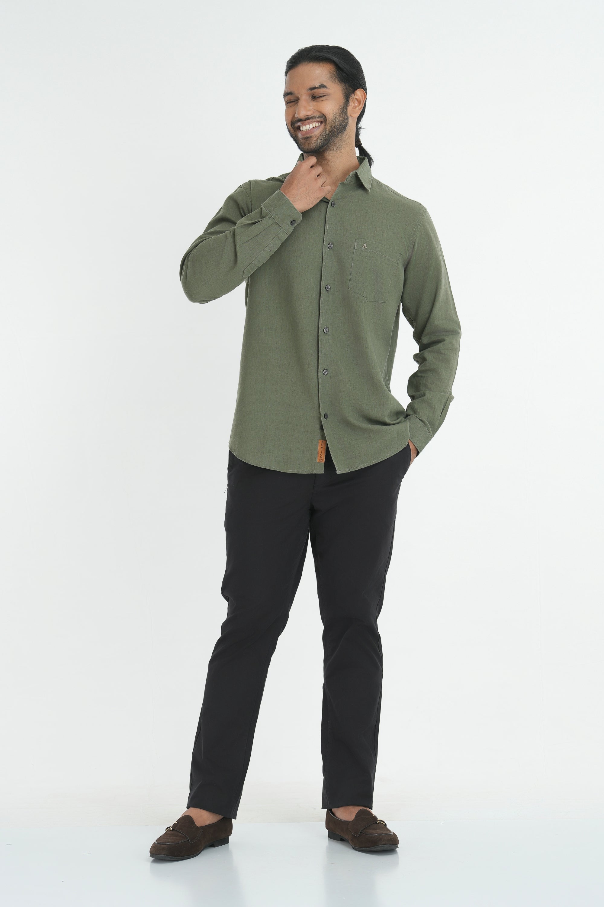 Linen Cotton Full Sleeve tailored Cut Shirt - Olive