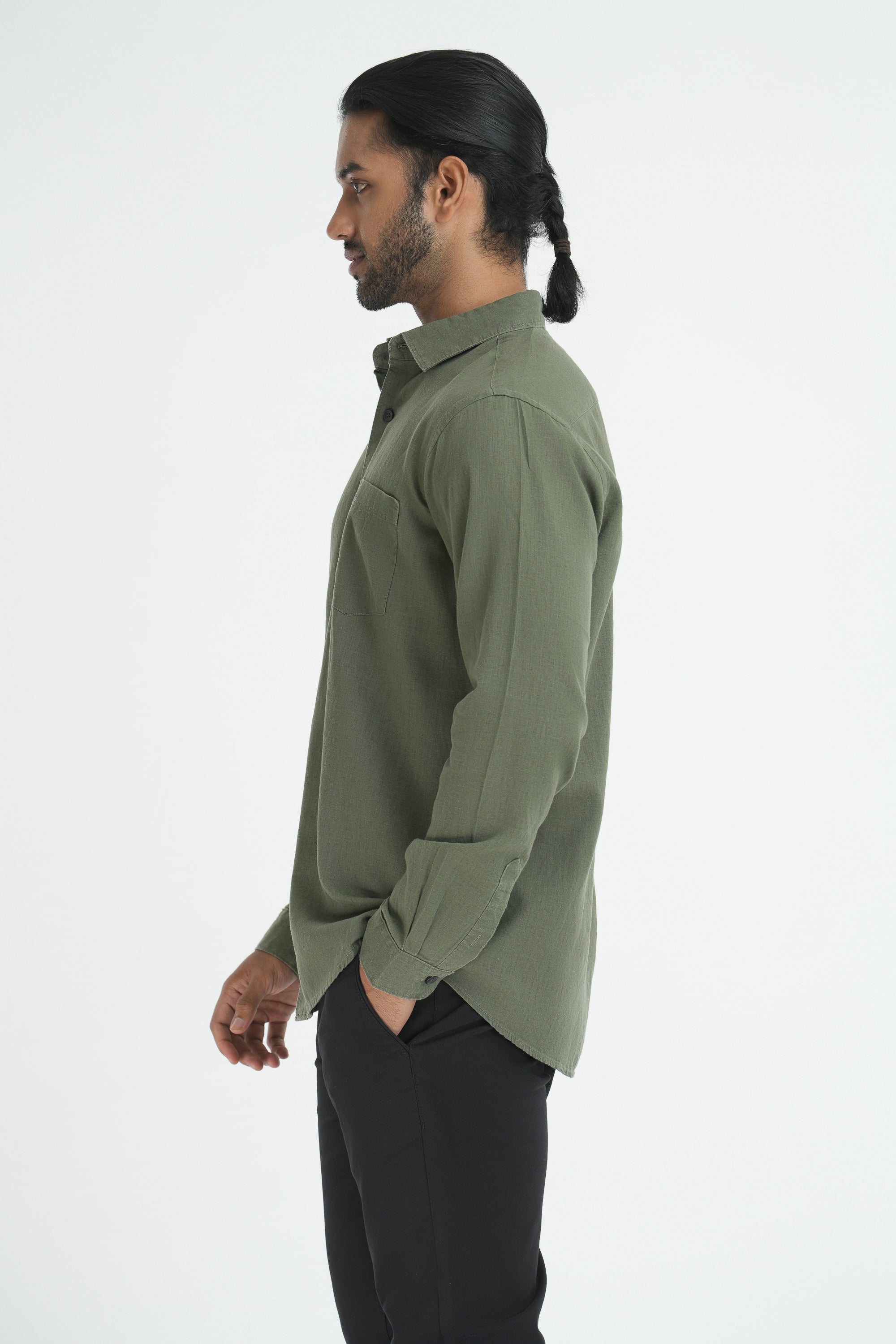 Linen Cotton Full Sleeve tailored Cut Shirt - Olive