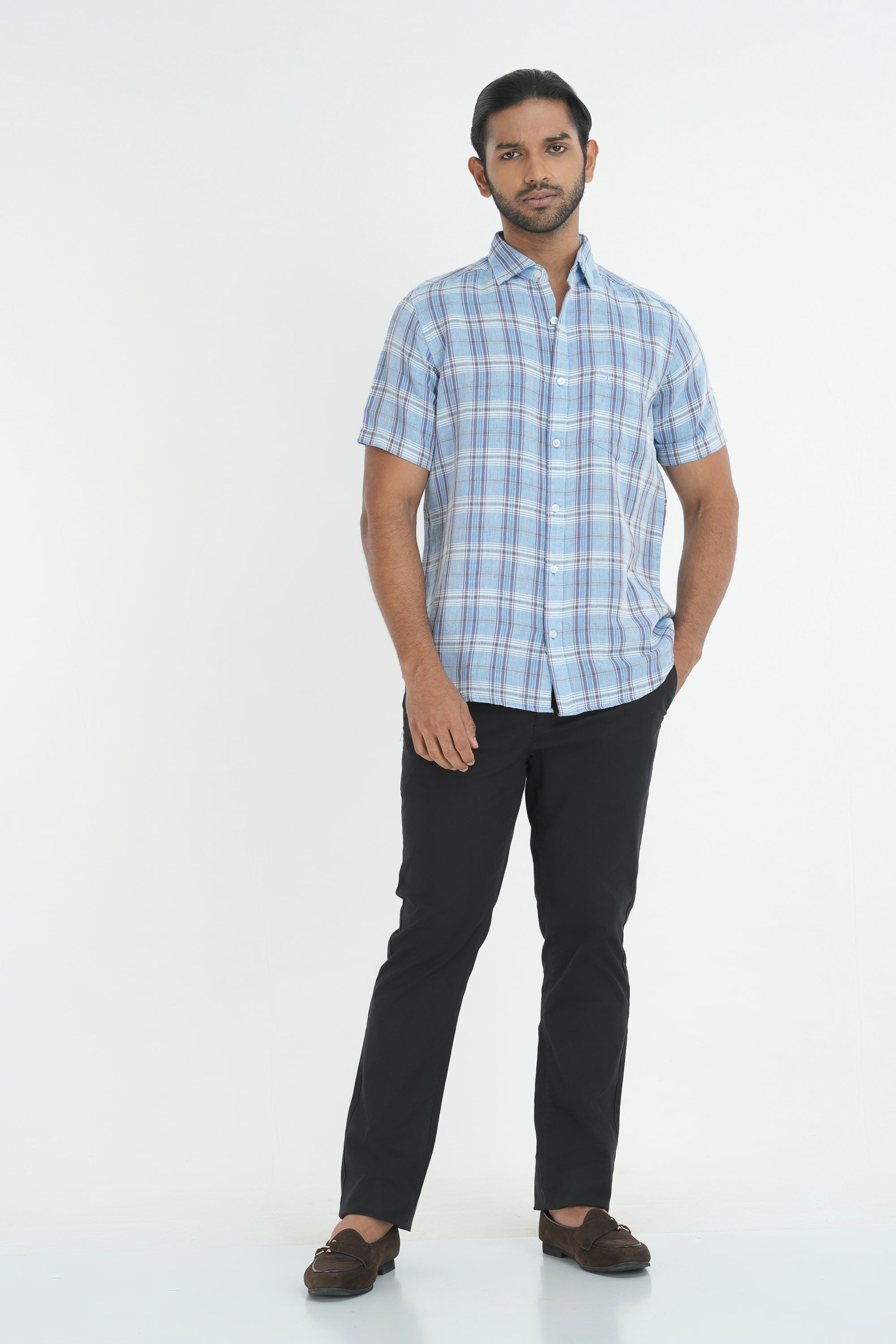 Linen Cotton Checks Shirt - Light Blue