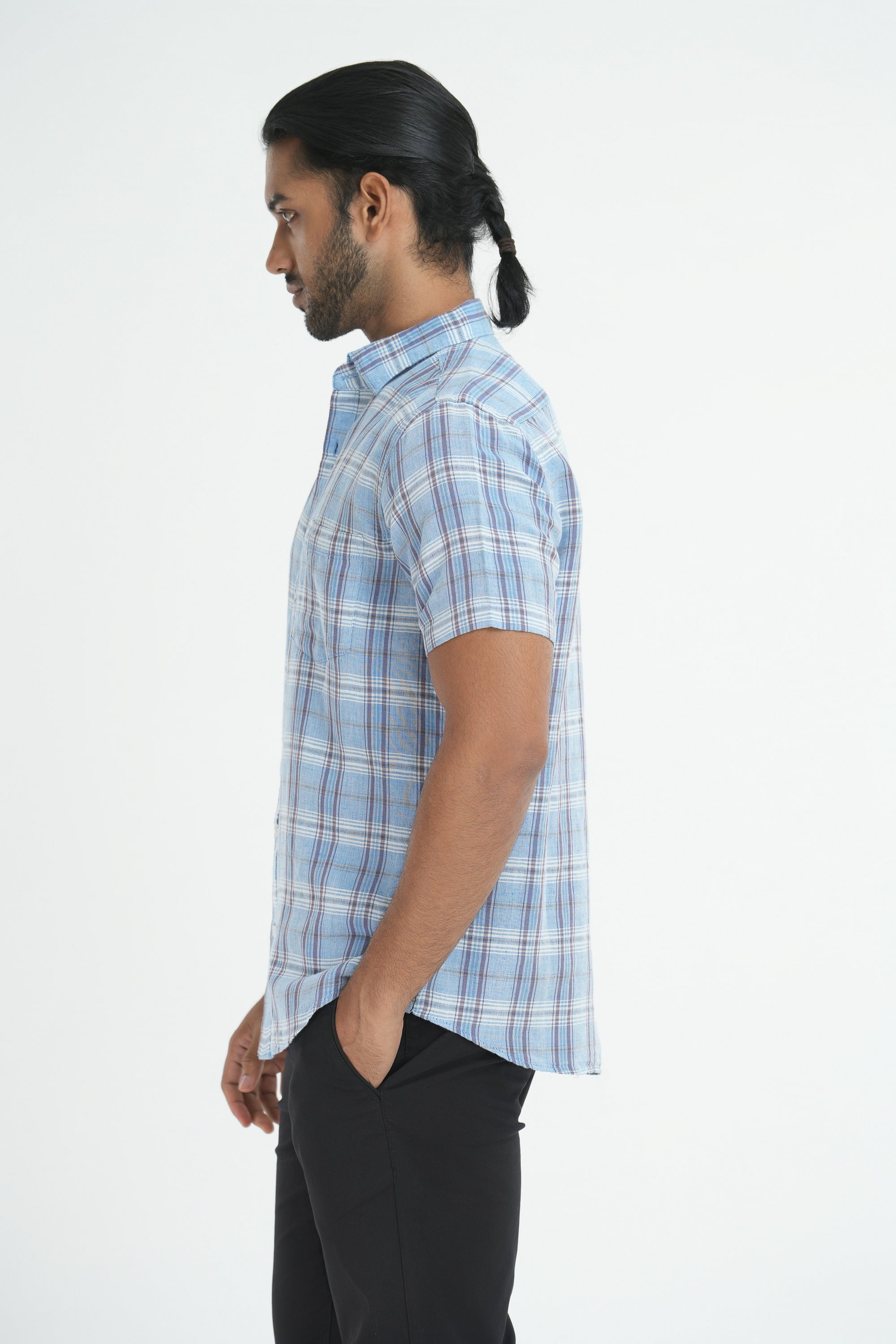 Linen Cotton Checks Shirt - Light Blue