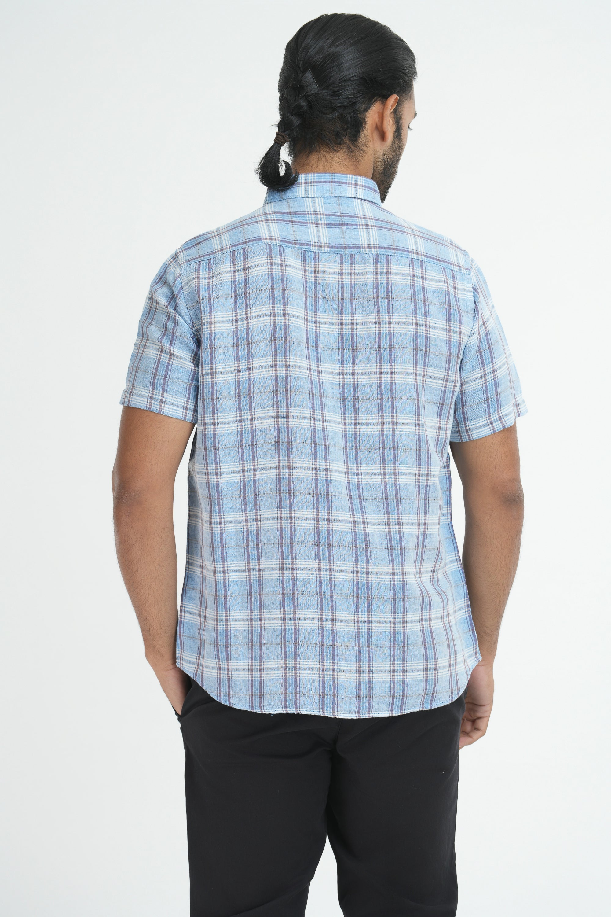 Linen Cotton Checks Shirt - Light Blue