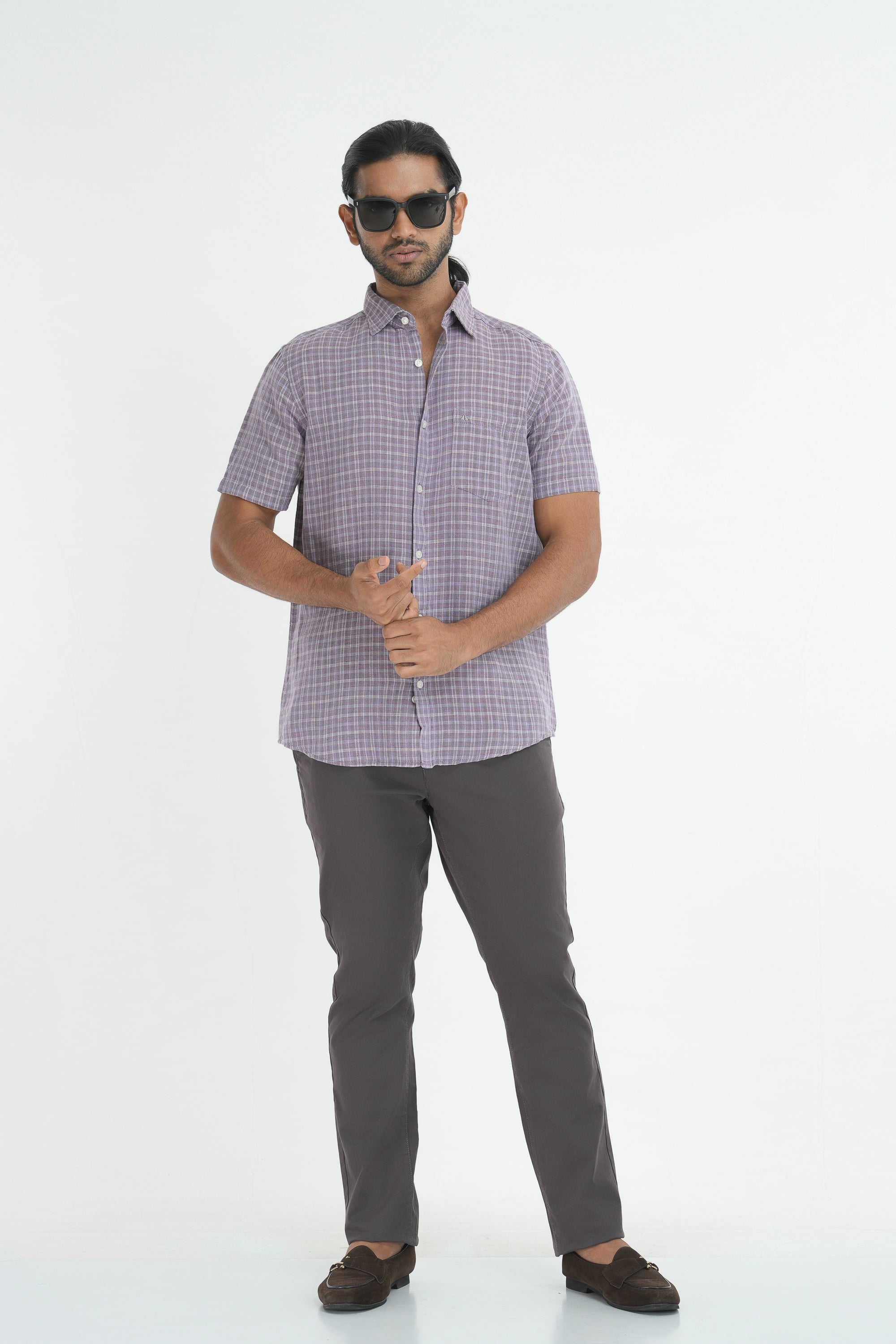 Linen Cotton Checks Shirt - Light Brown