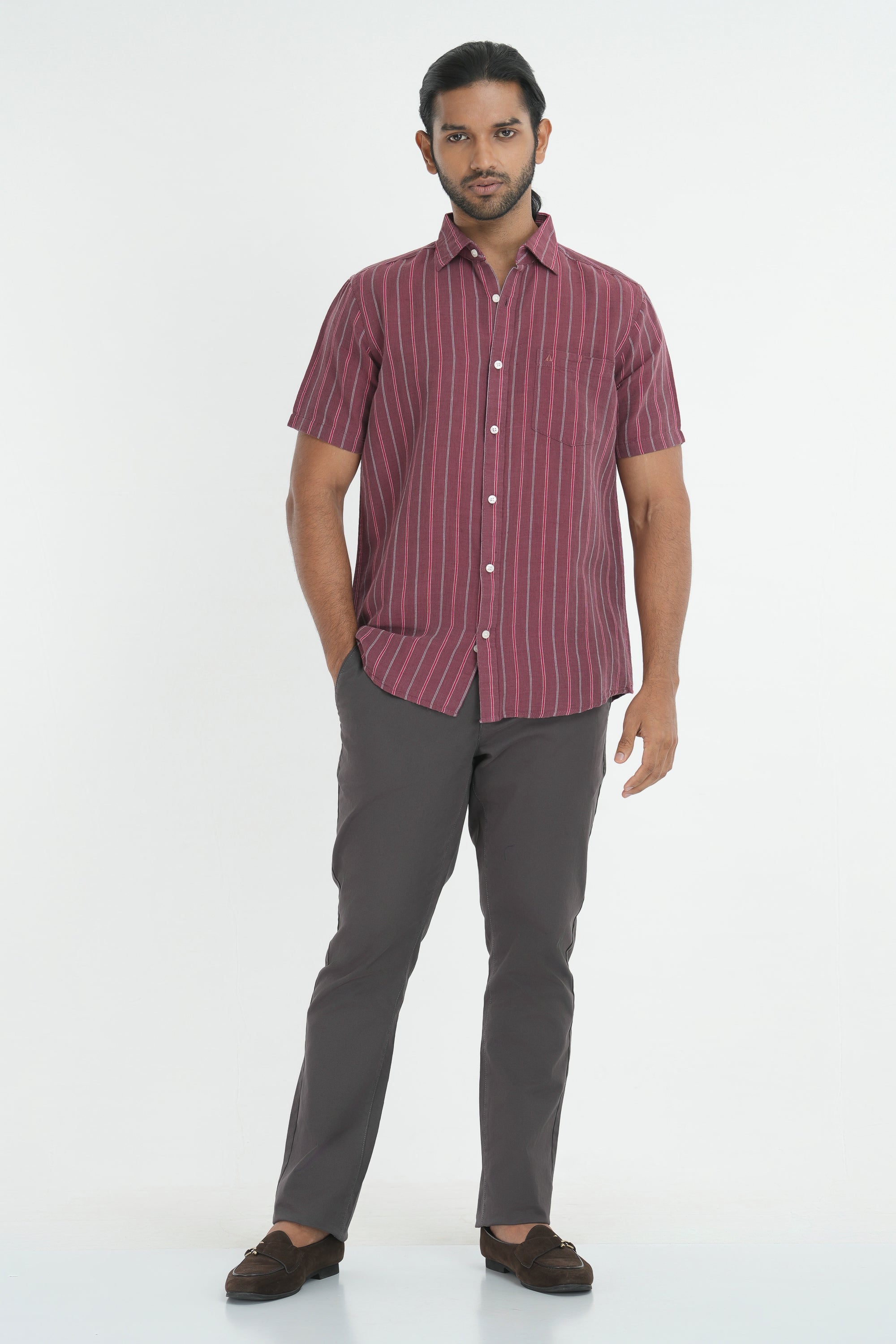 Linen Cotton Stripes Shirt - Maroon