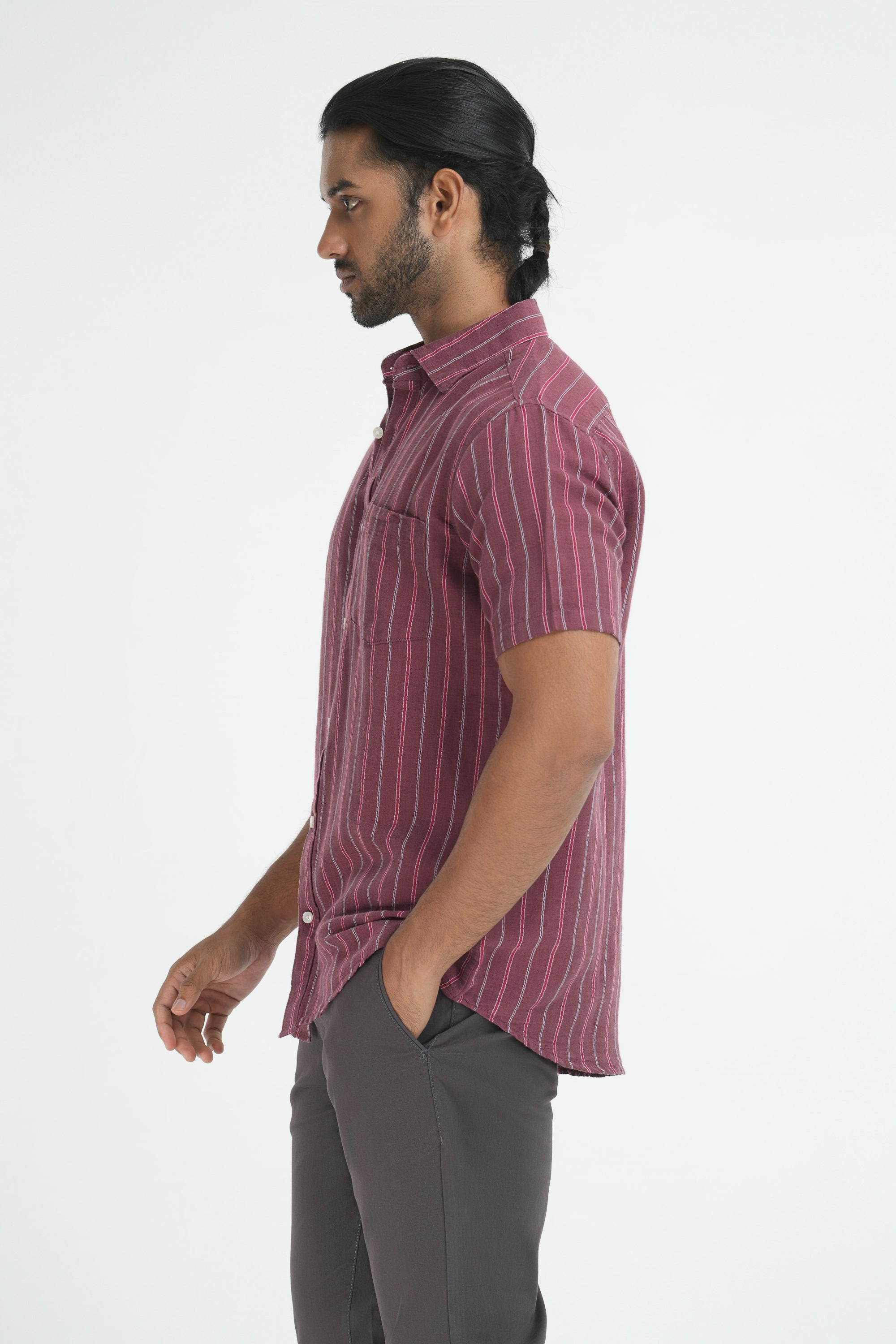 Linen Cotton Stripes Shirt - Maroon