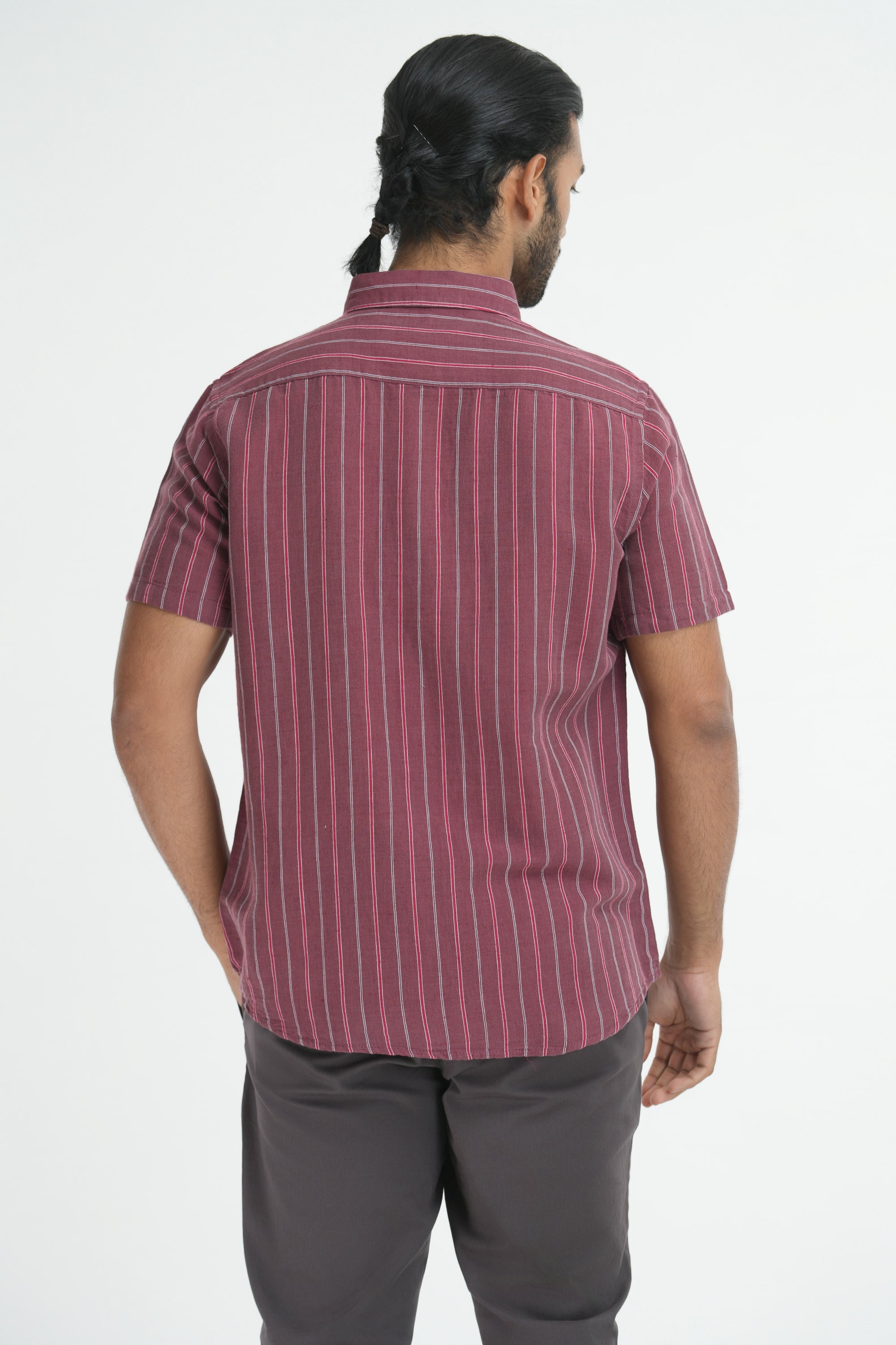 Linen Cotton Stripes Shirt - Maroon