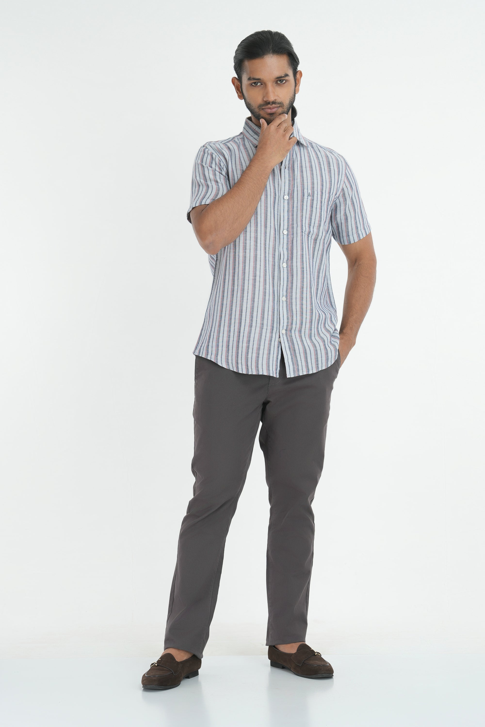 Linen Cotton Stripes Shirt - Light Grey