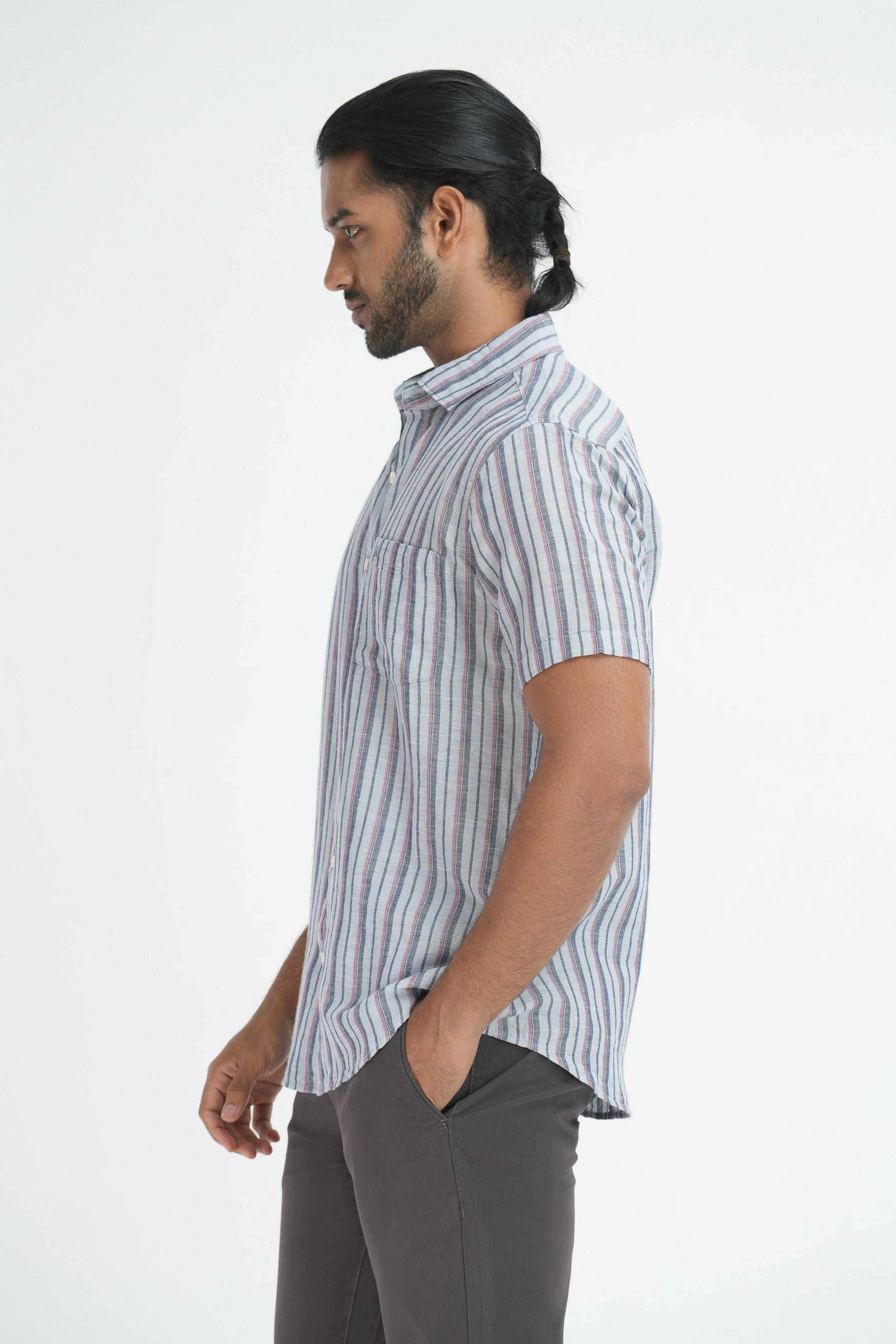 Linen Cotton Stripes Shirt - Light Grey