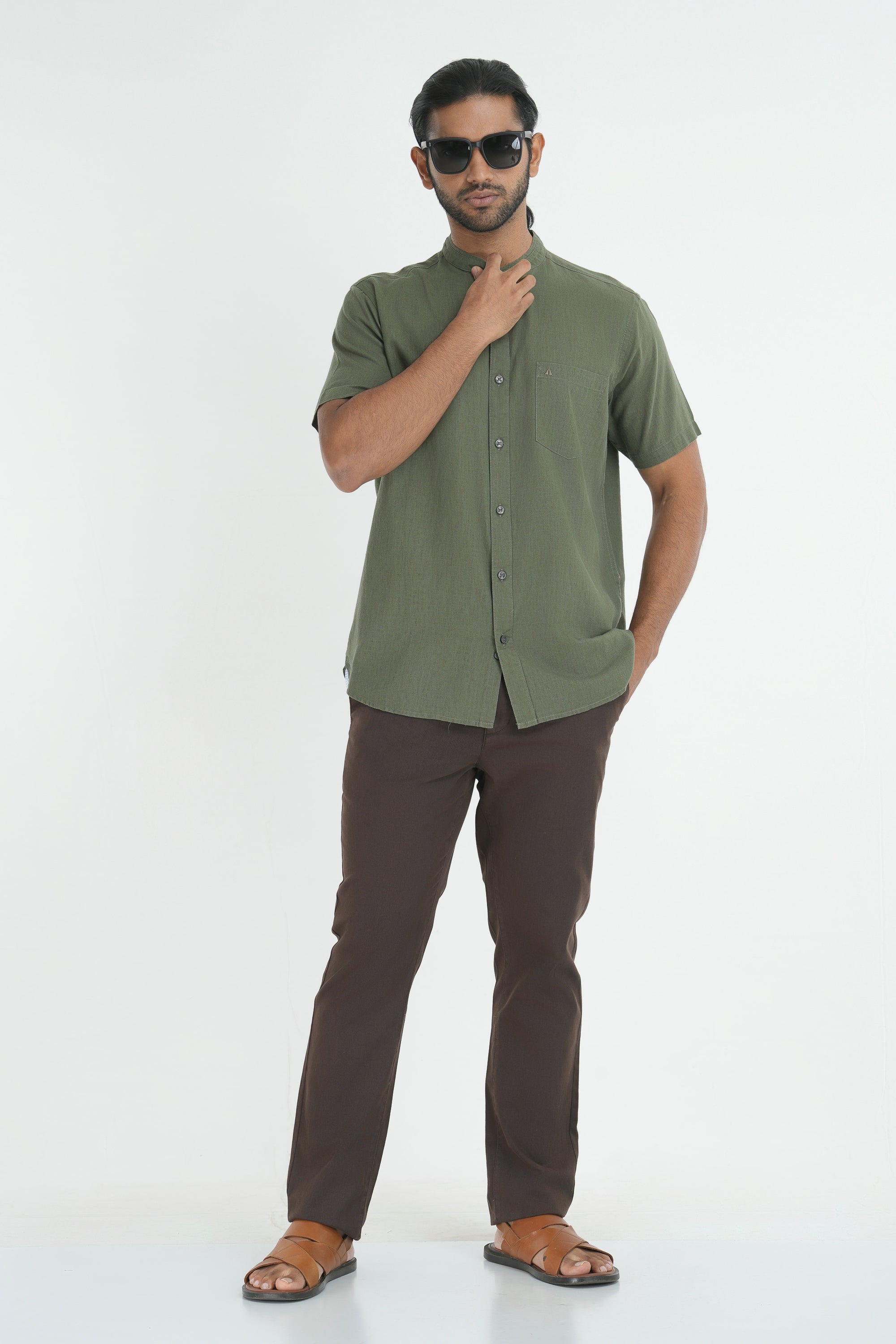 Linen Cotton Chinese Collar Shirt - Olive