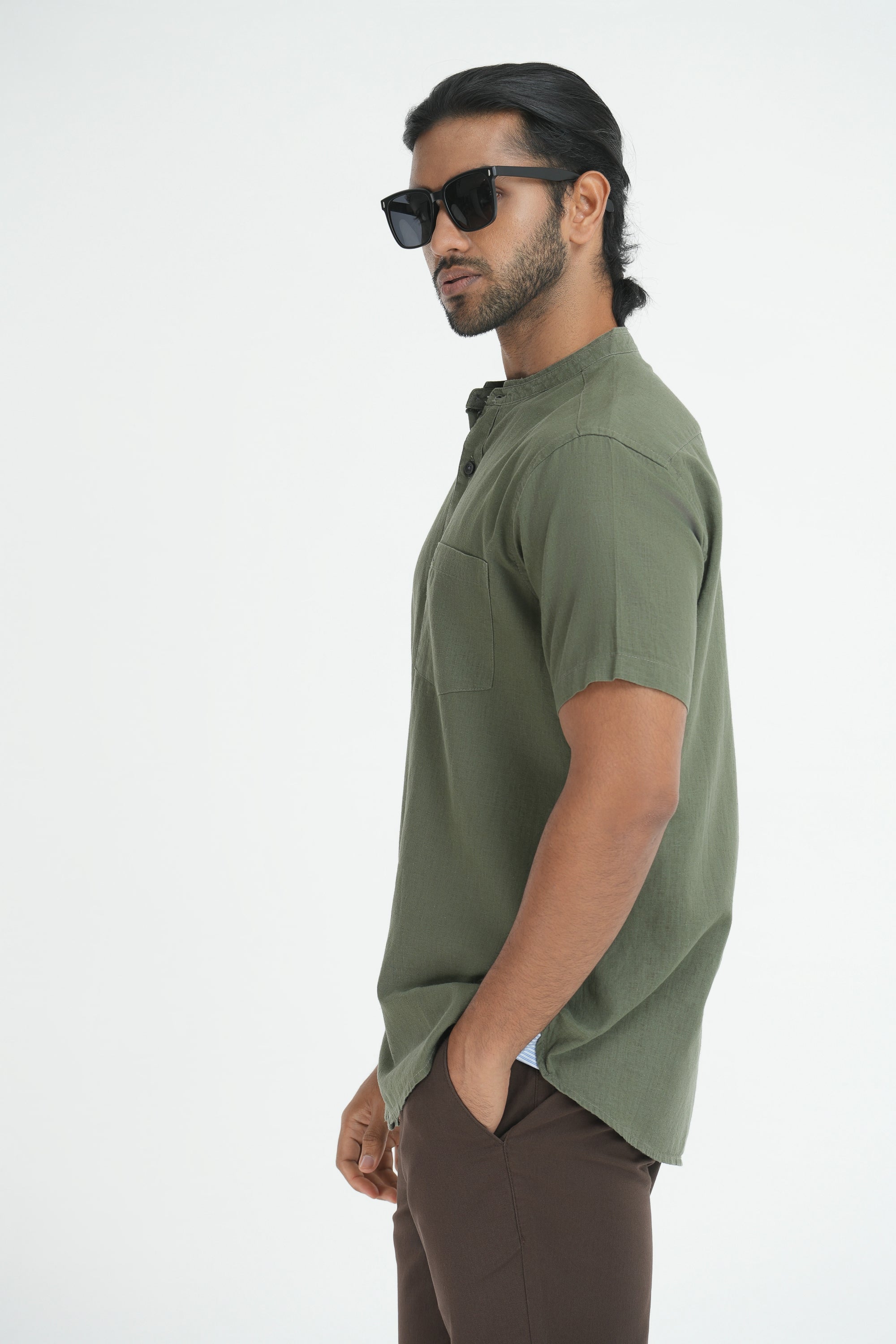 Linen Cotton Chinese Collar Shirt - Olive