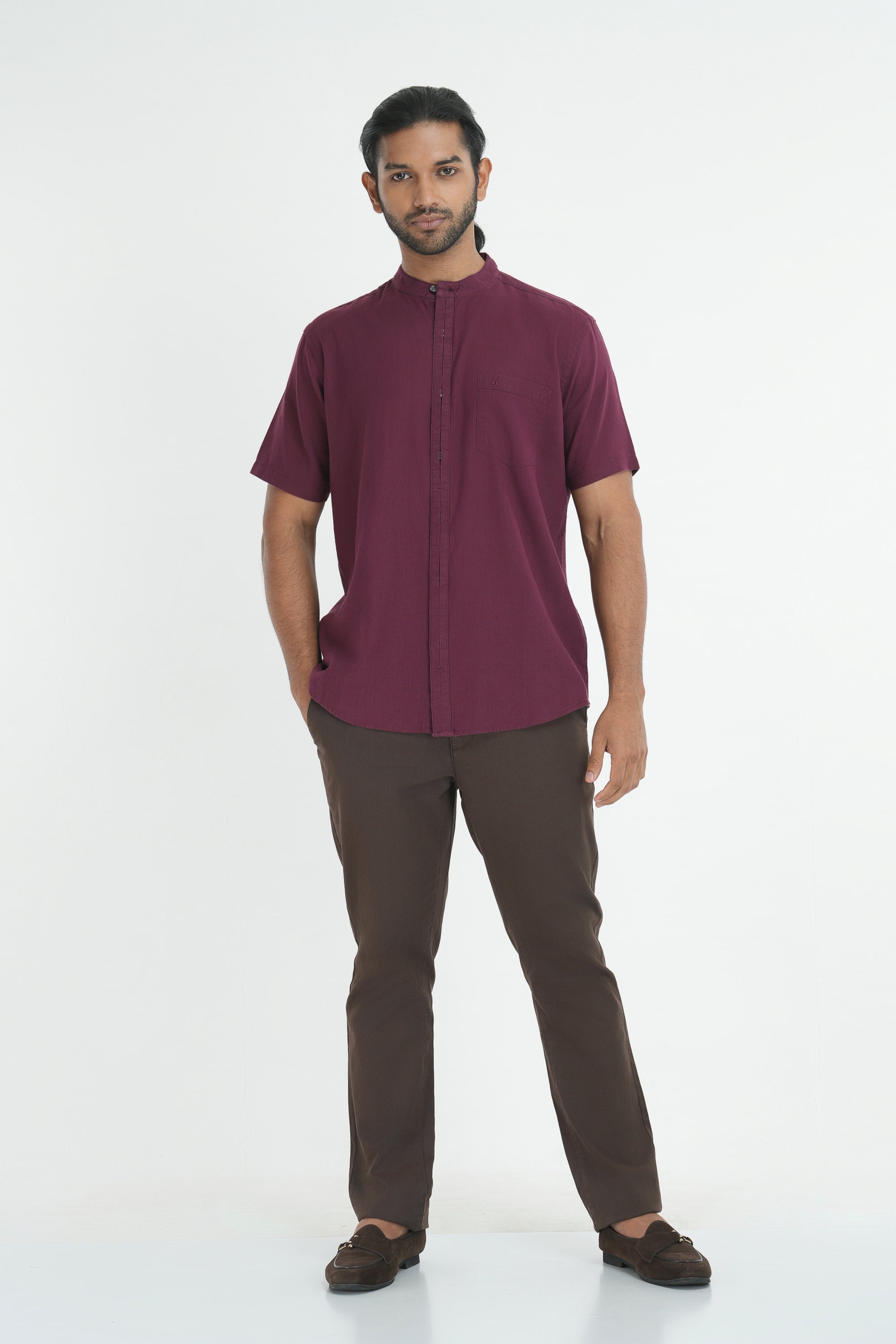 Classic Linen Cotton Mandarin Collar Shirt - Maroon