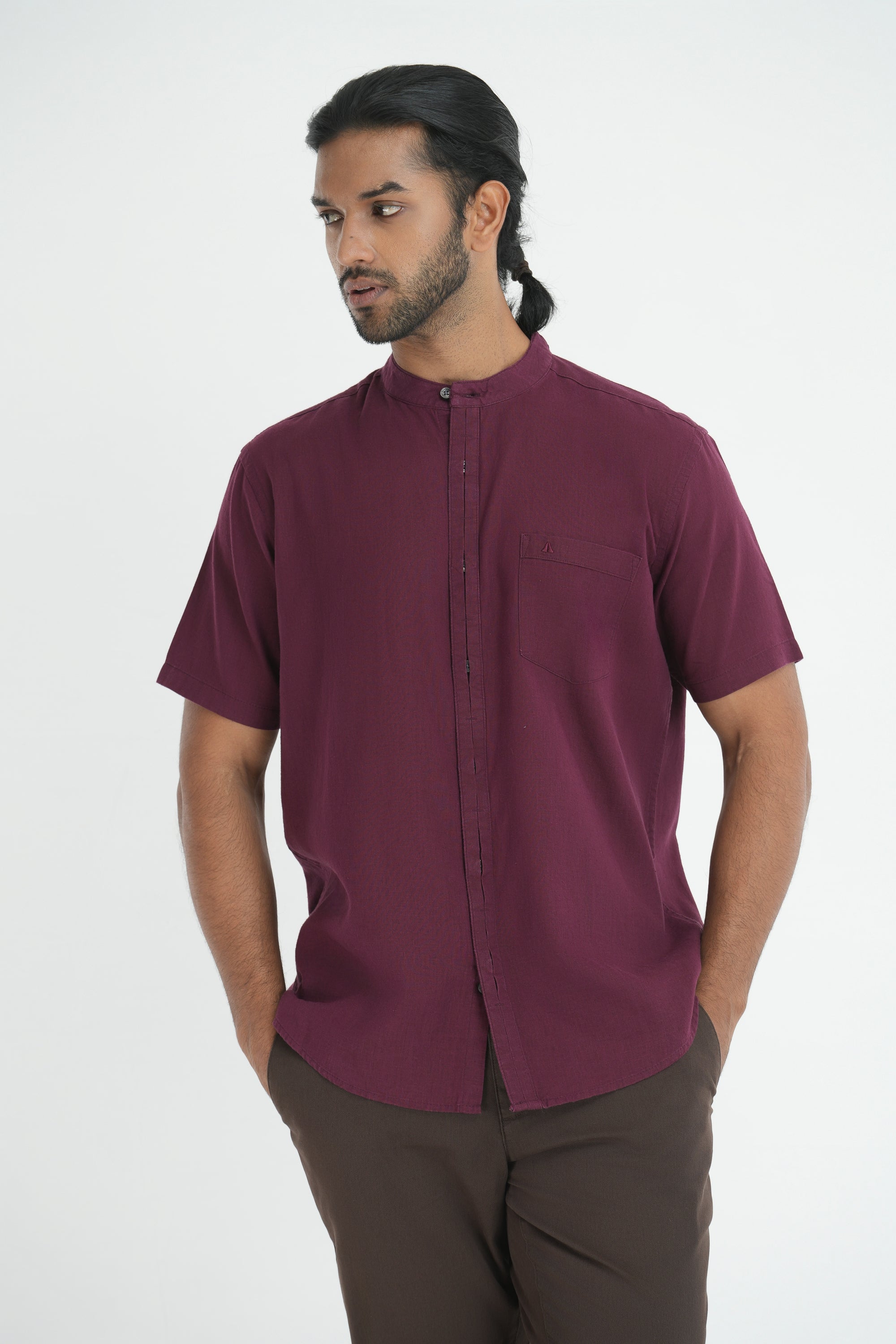 Classic Linen Cotton Mandarin Collar Shirt - Maroon