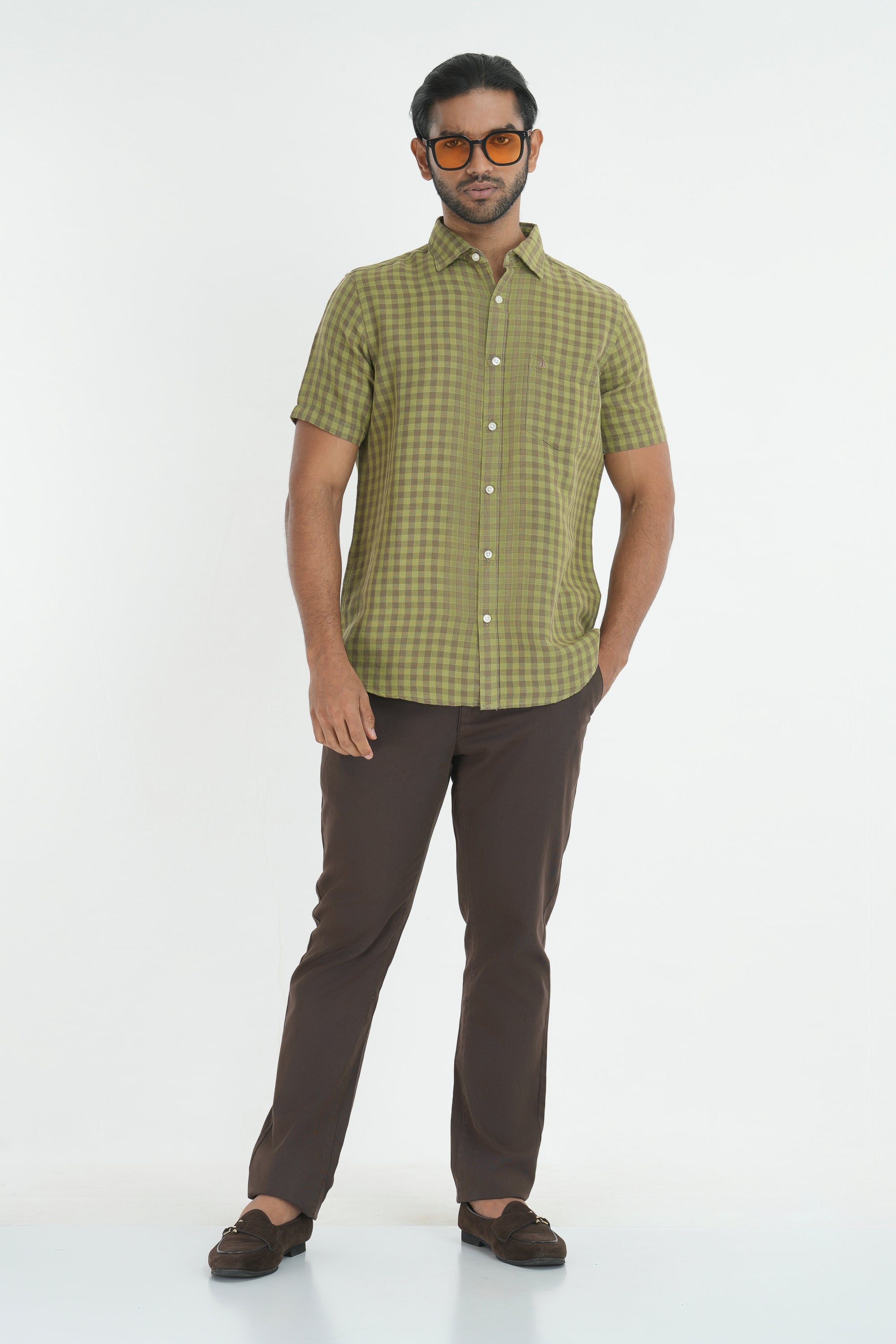 Linen Cotton Checks Shirt - Olive