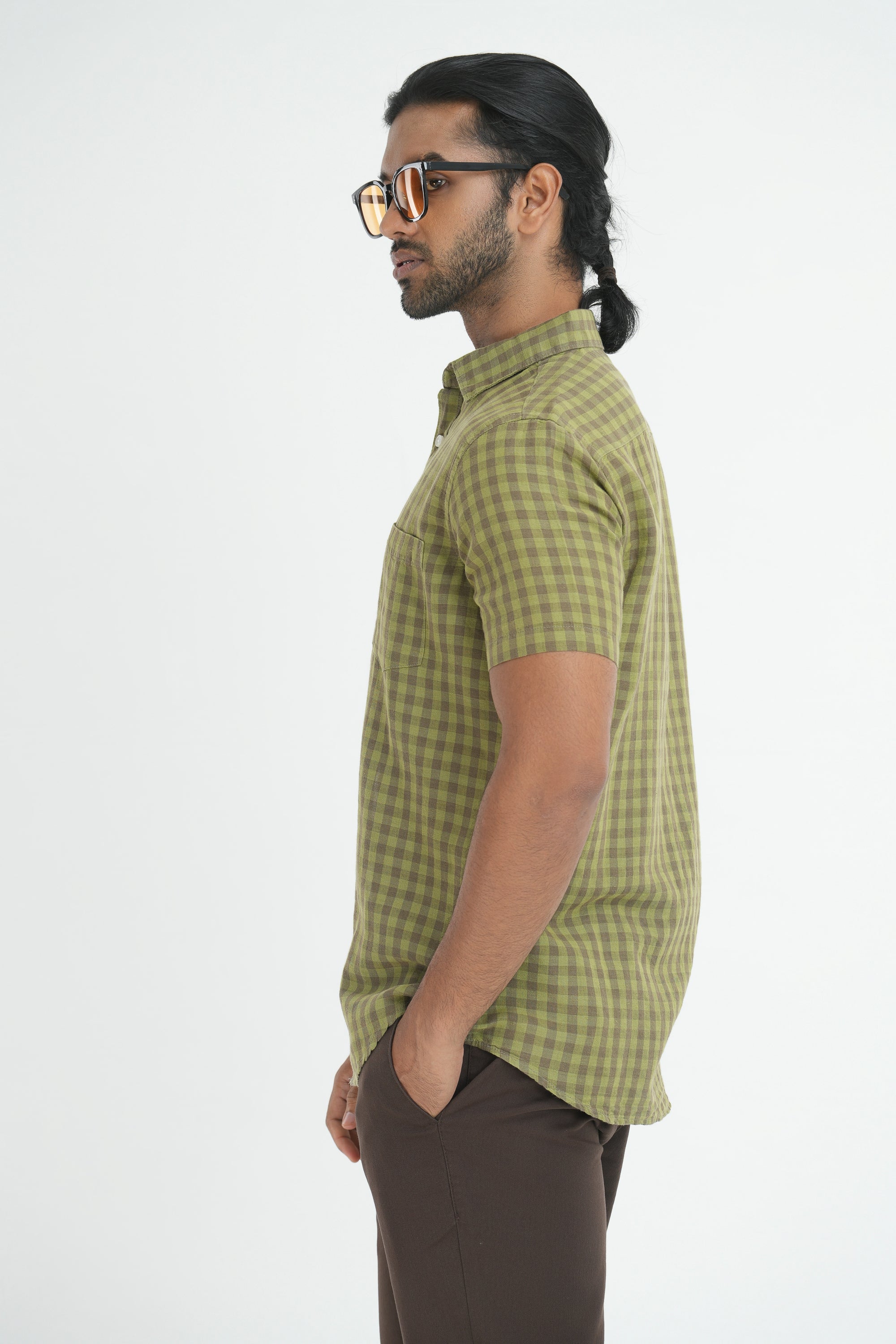 Linen Cotton Checks Shirt - Olive