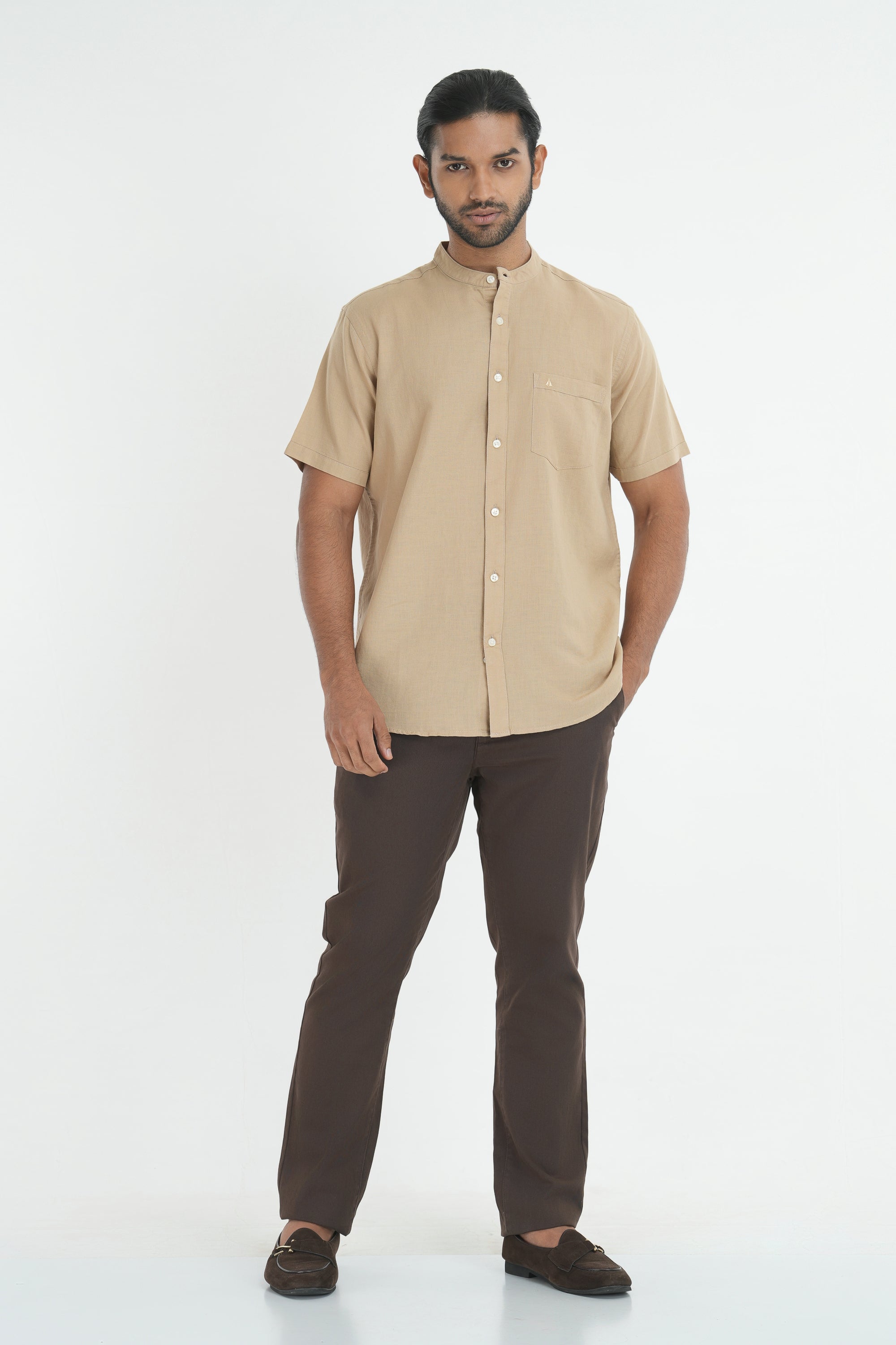 Classic Linen Cotton Mandarin Collar Shirt - Beige