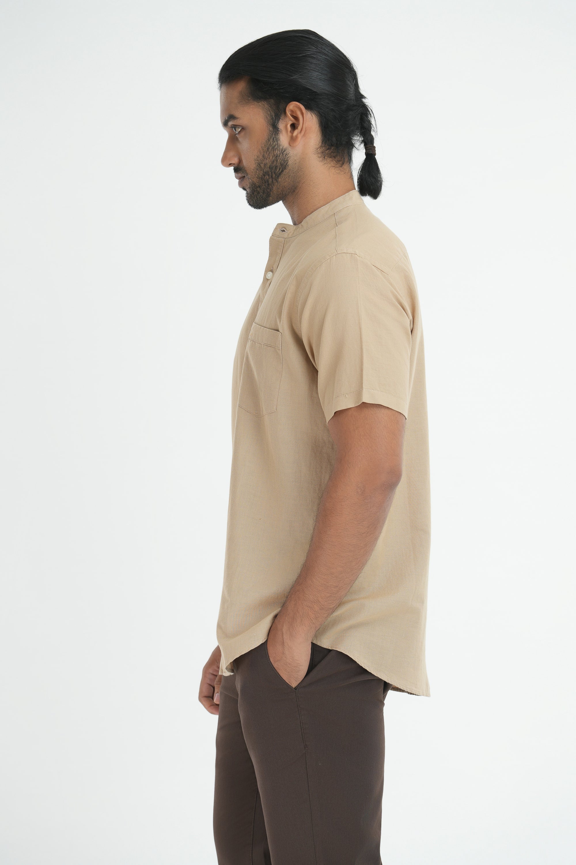 Classic Linen Cotton Mandarin Collar Shirt - Beige