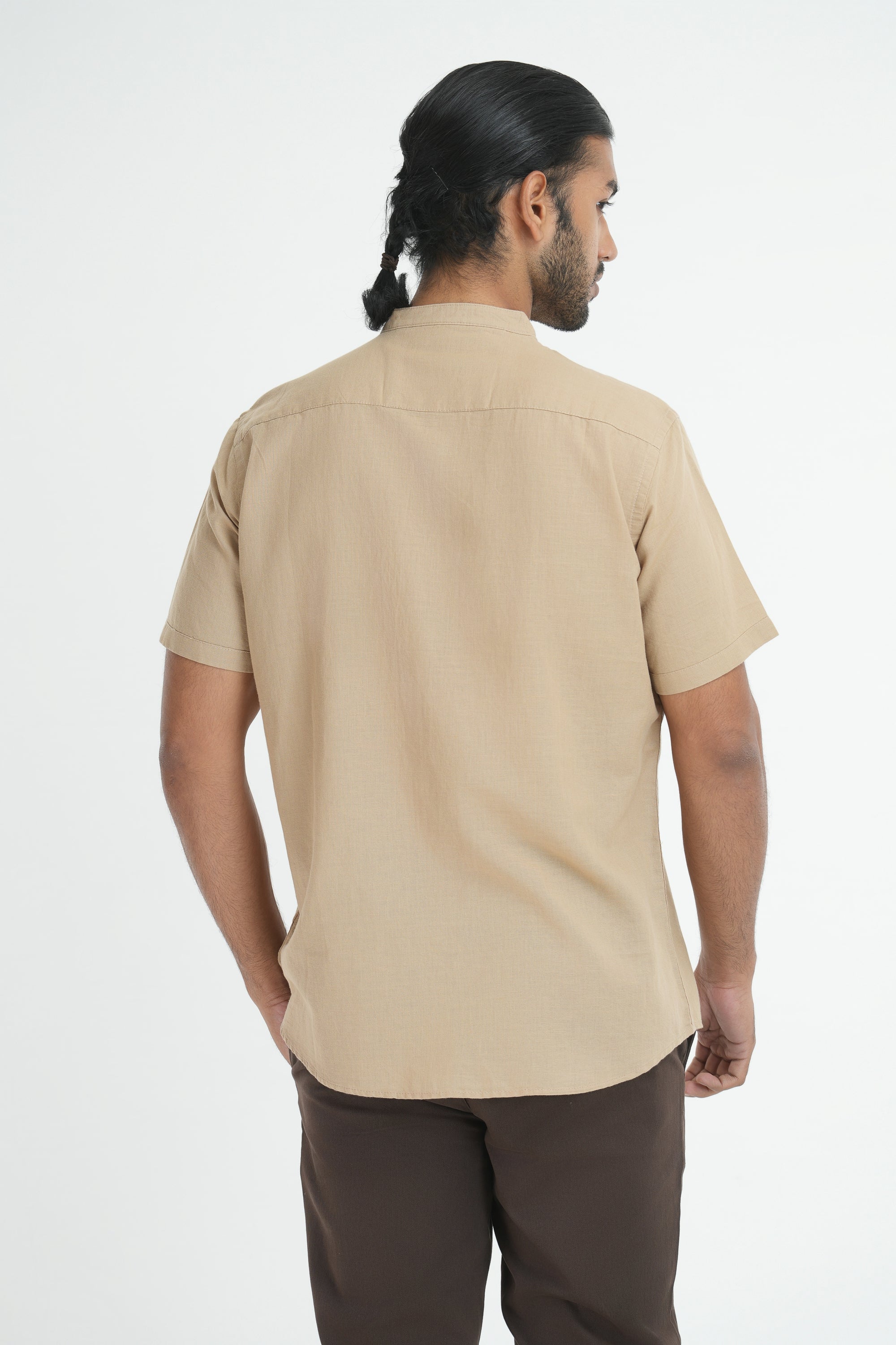 Classic Linen Cotton Mandarin Collar Shirt - Beige