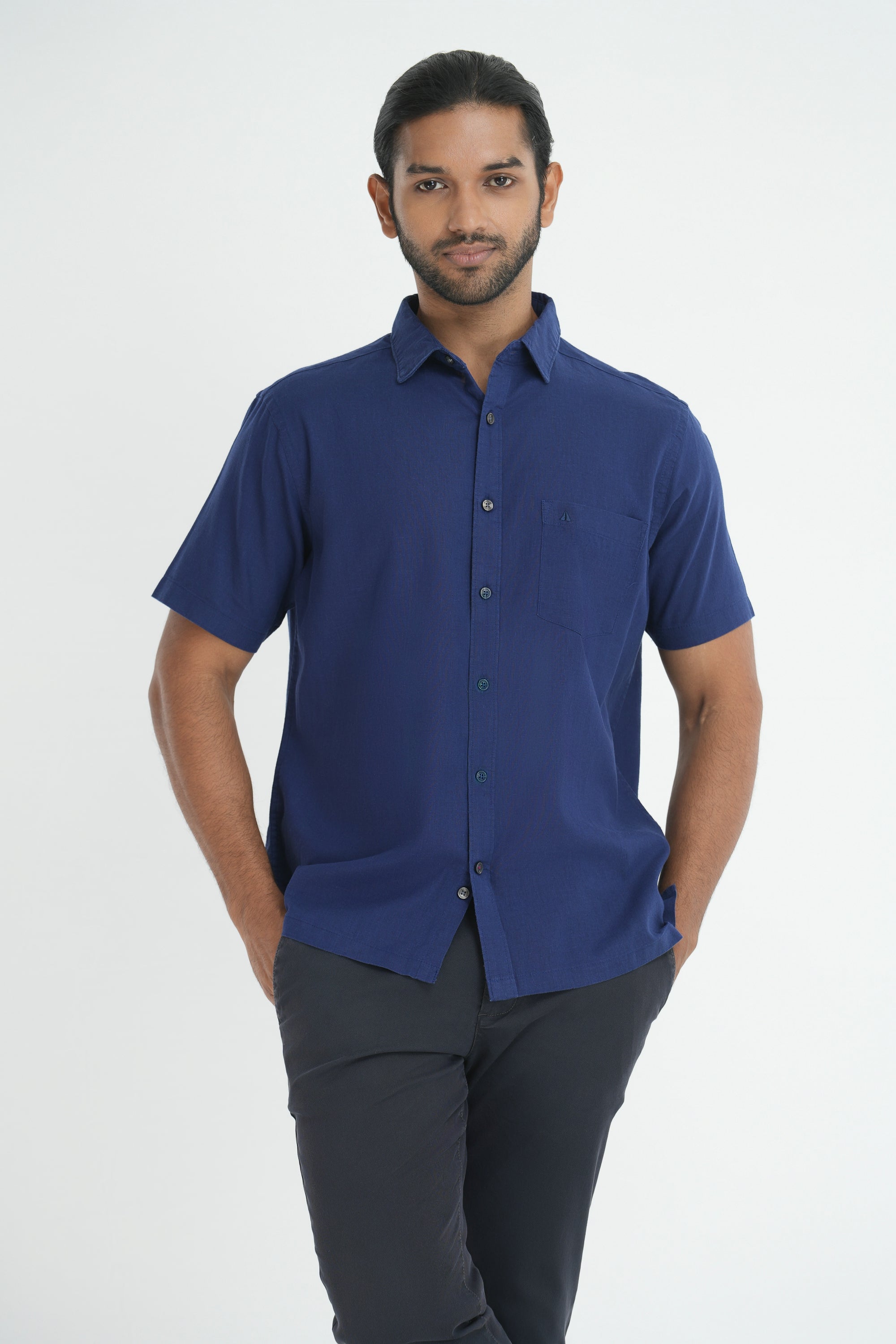 Linen Cotton Straight Cut Shirt - Blue