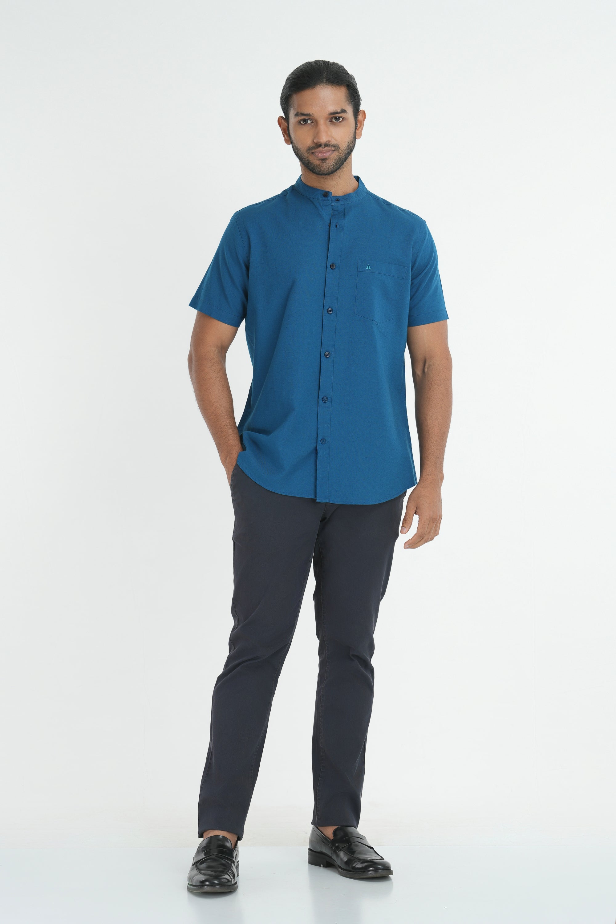 Classic Linen Cotton Mandarin Collar Shirt - Blue