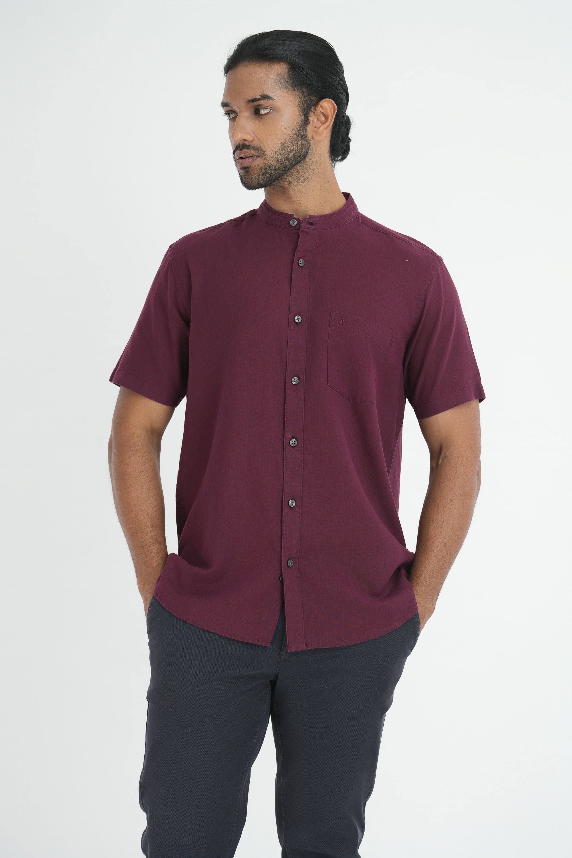 Linen Cotton Chinese Collar Shirt - Red