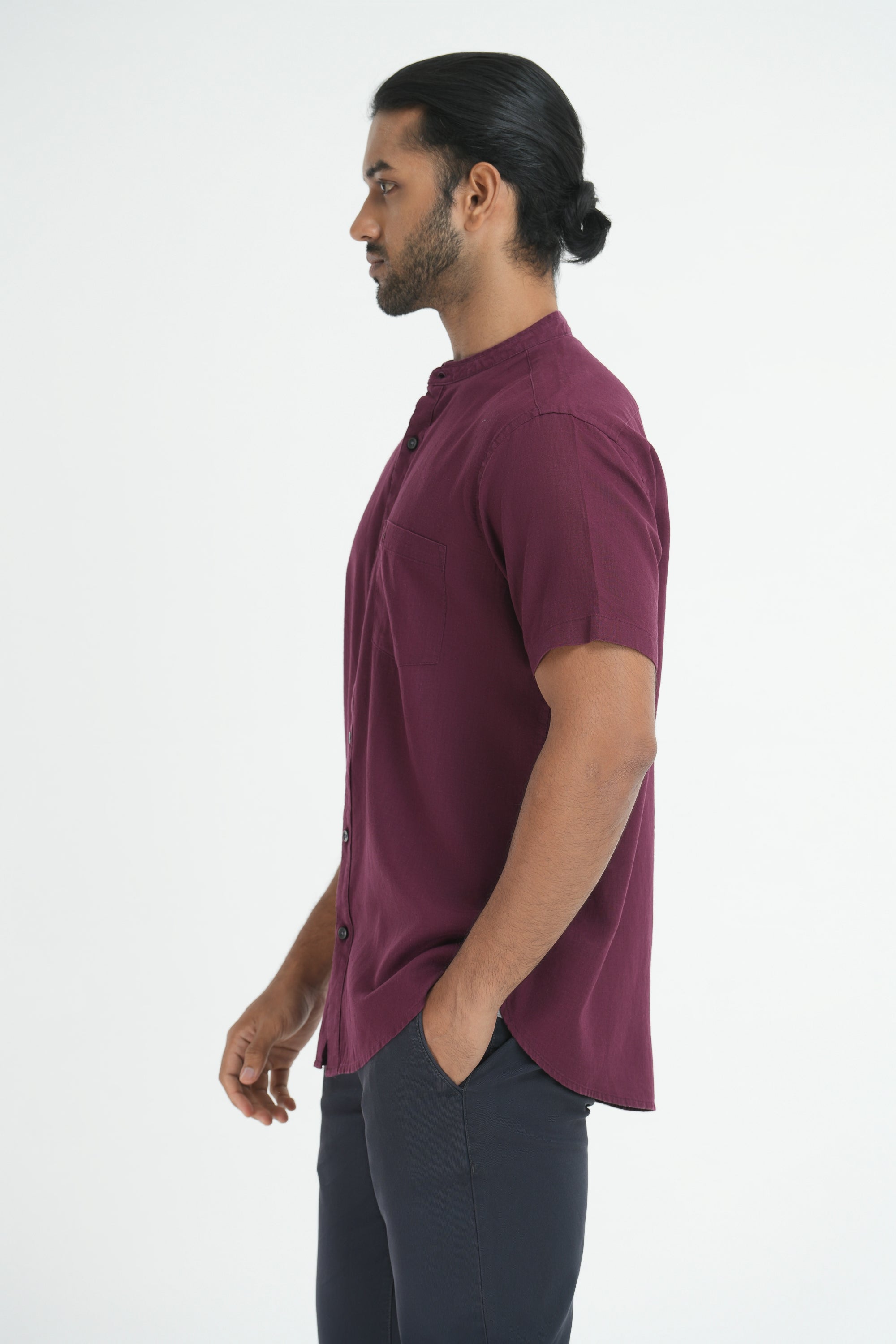 Linen Cotton Chinese Collar Shirt - Red