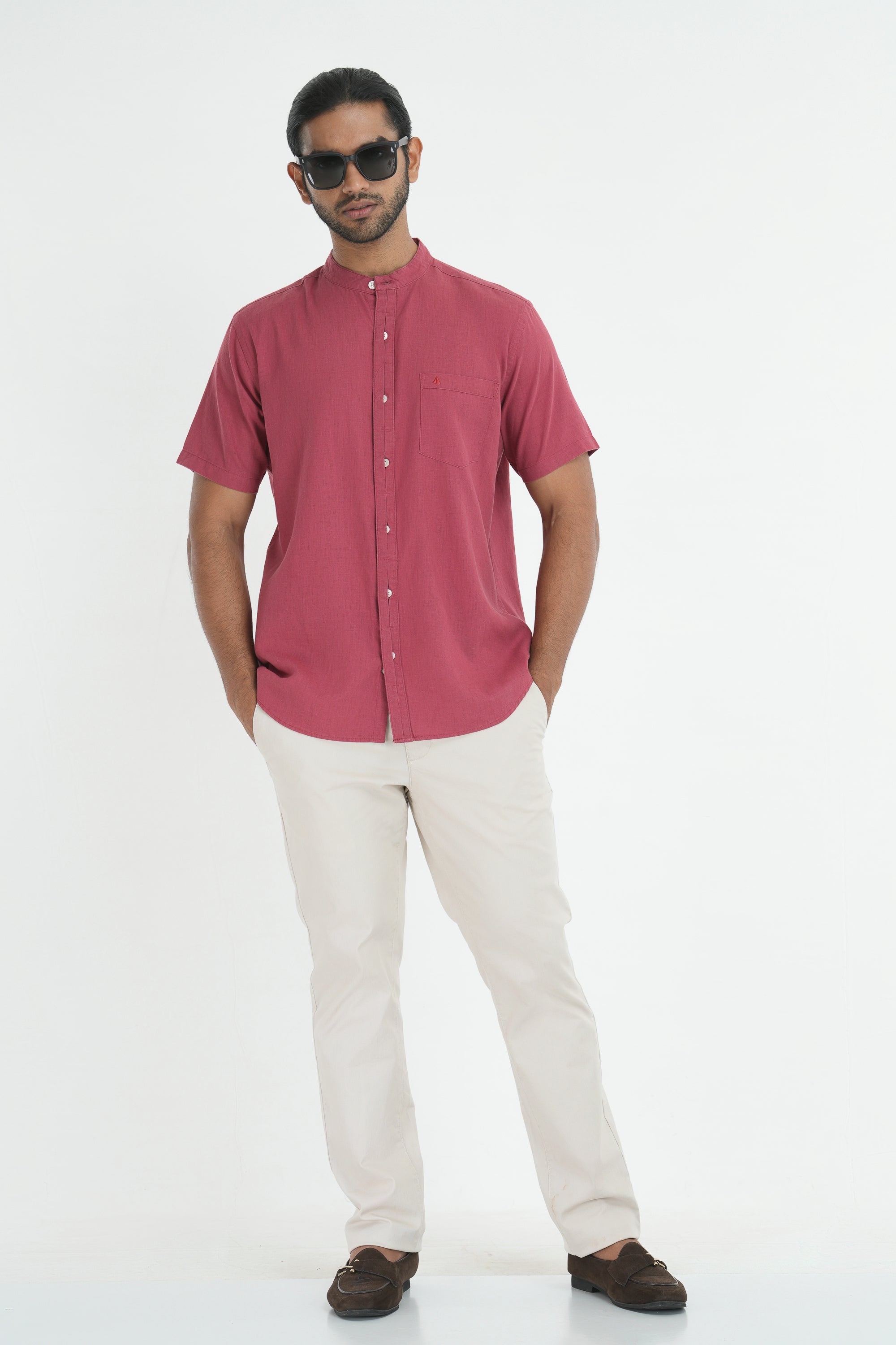 Classic Linen Cotton Mandarin Collar Shirt - Coral