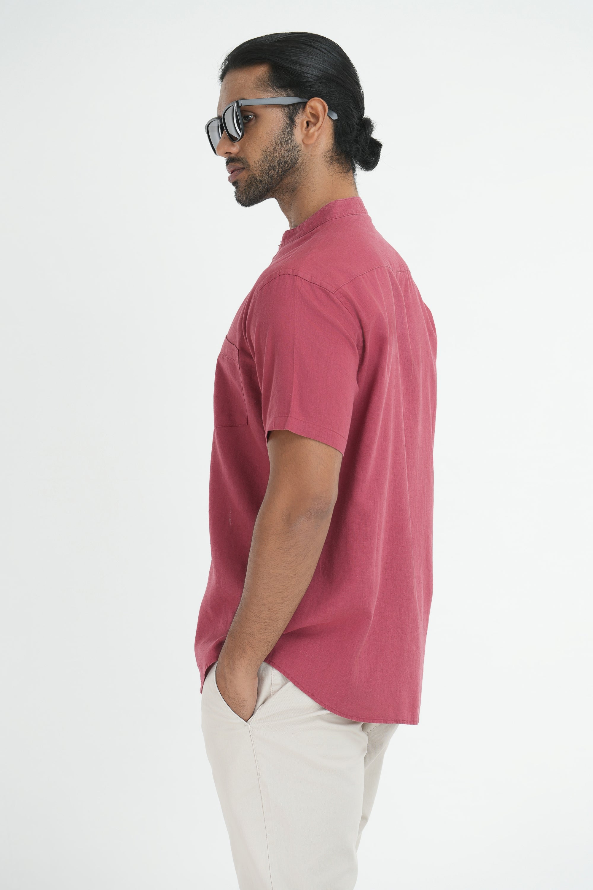 Classic Linen Cotton Mandarin Collar Shirt - Coral