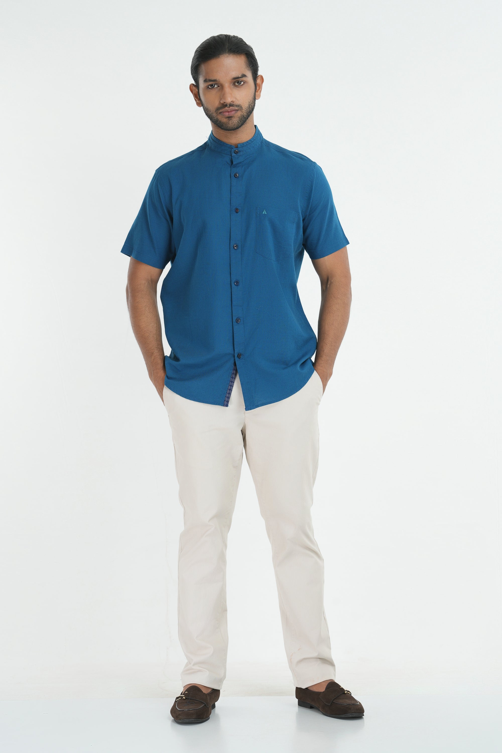 Linen Cotton Chinese Collar Shirt - Teal