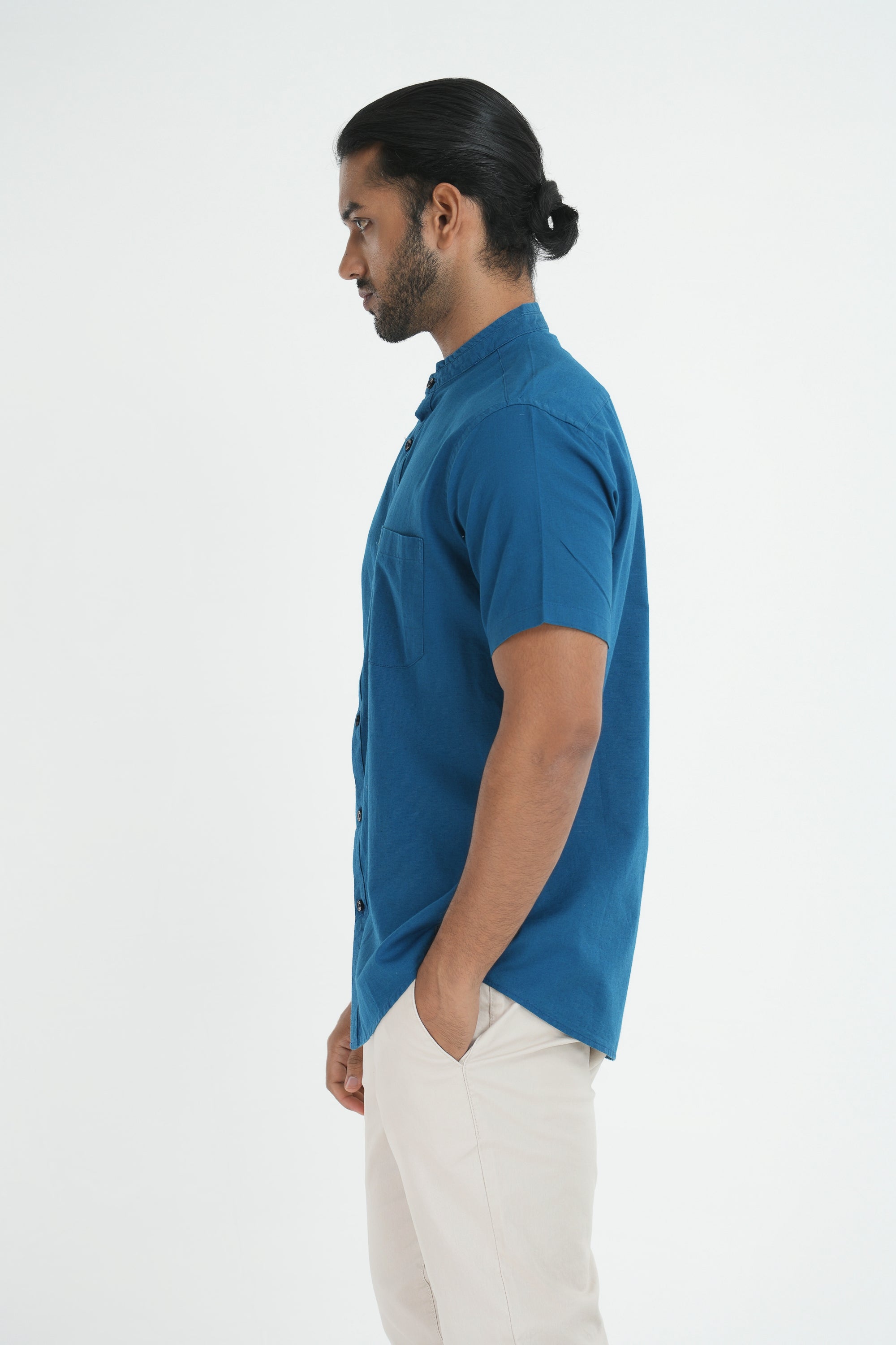 Linen Cotton Chinese Collar Shirt - Teal