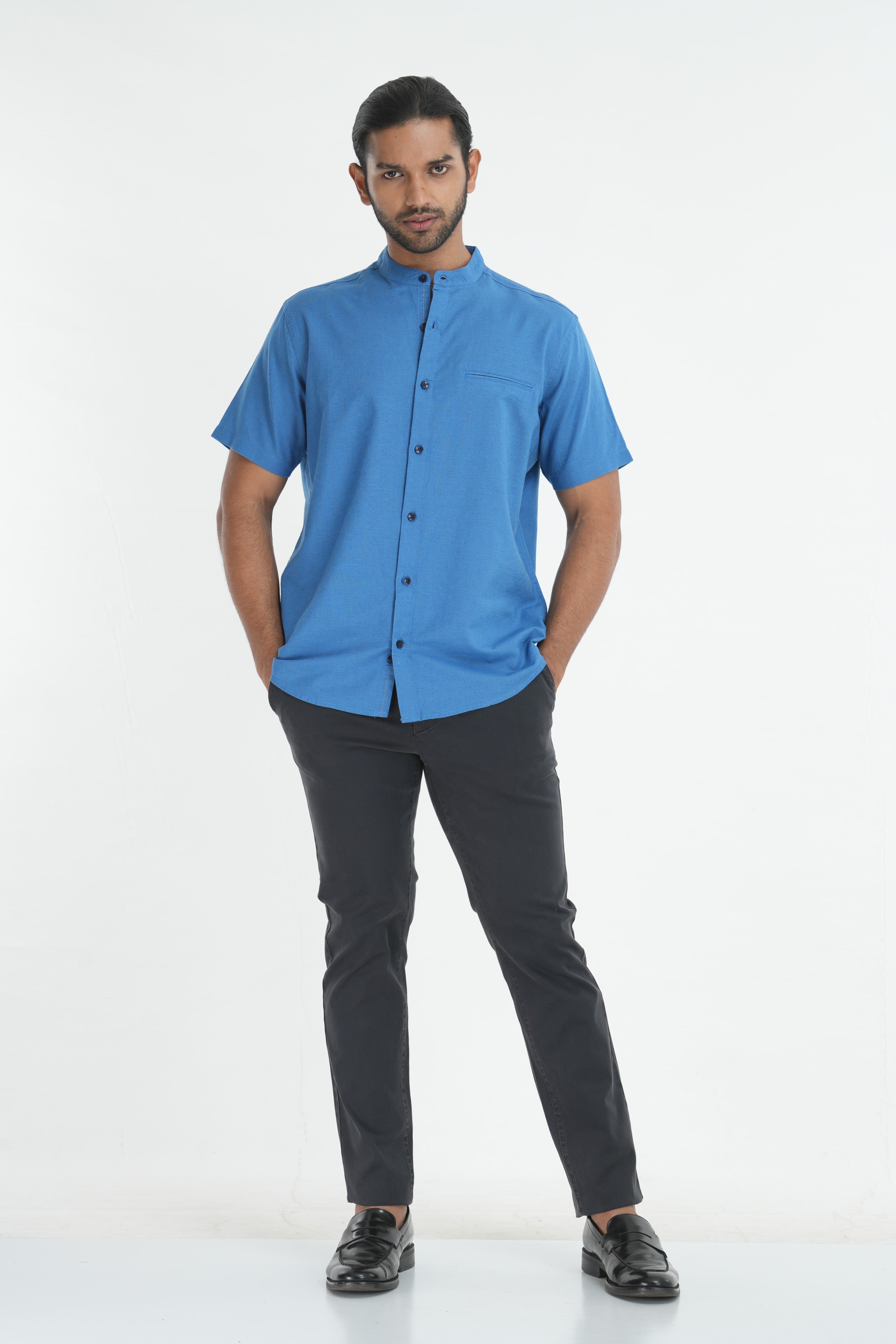 Classic Linen Cotton Mandarin Collar Shirt - Blue