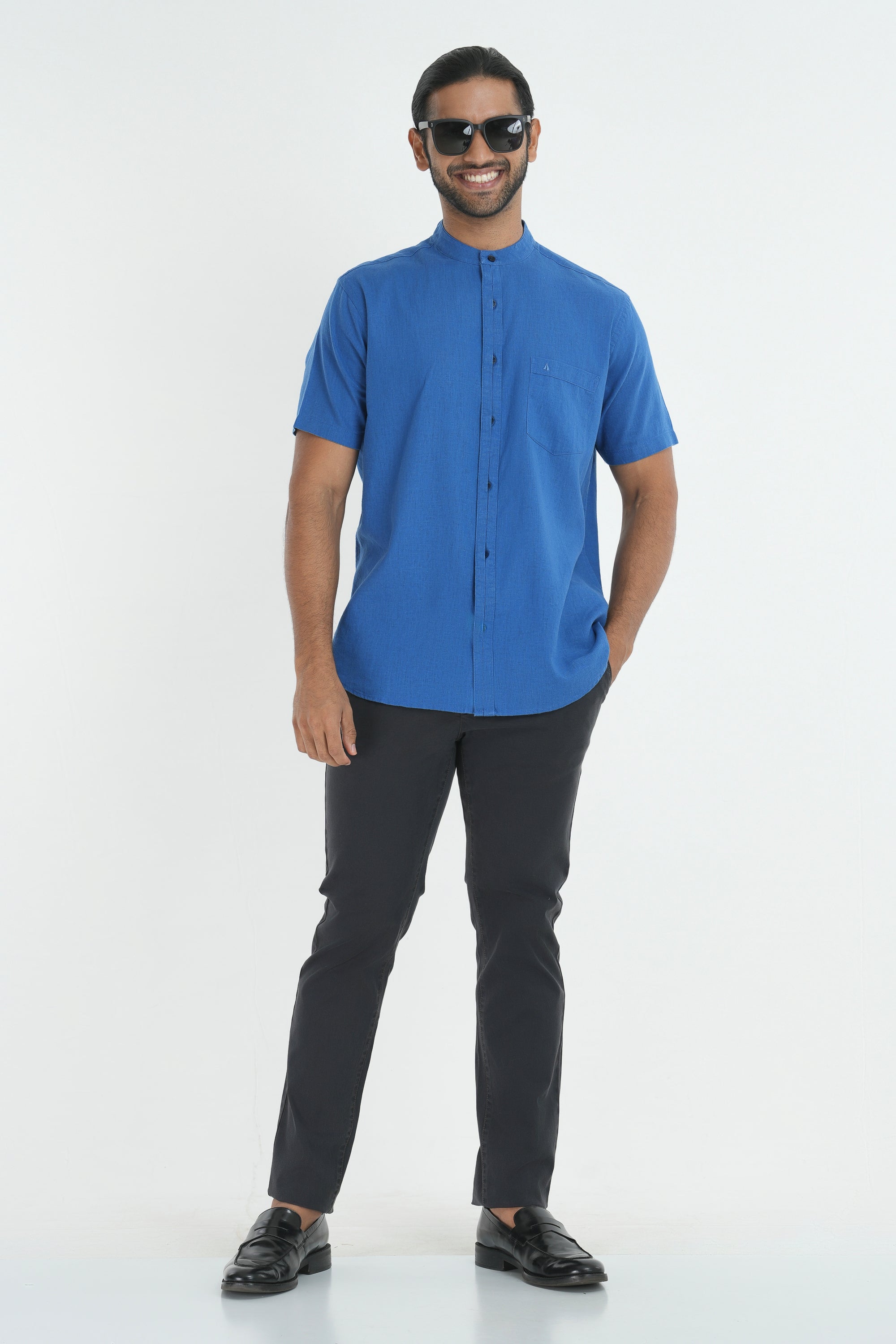 Classic Linen Cotton Mandarin Collar Shirt - Blue