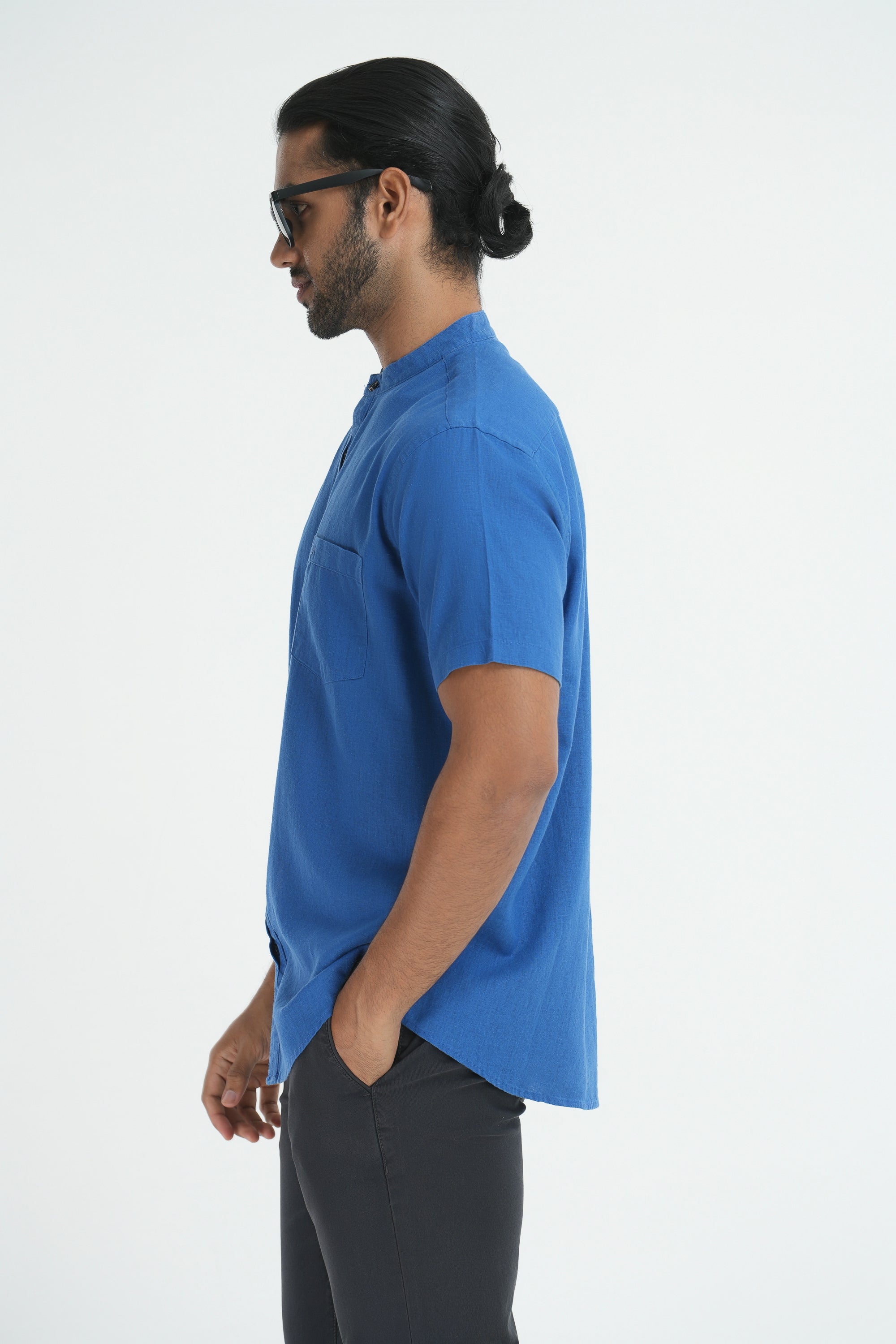 Classic Linen Cotton Mandarin Collar Shirt - Blue