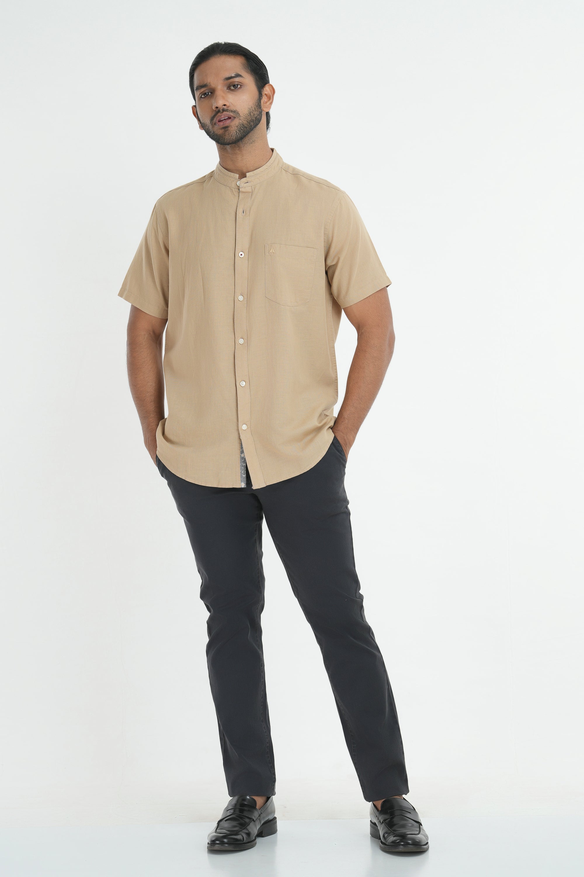 Linen Cotton Chinese Collar Shirt - Beige