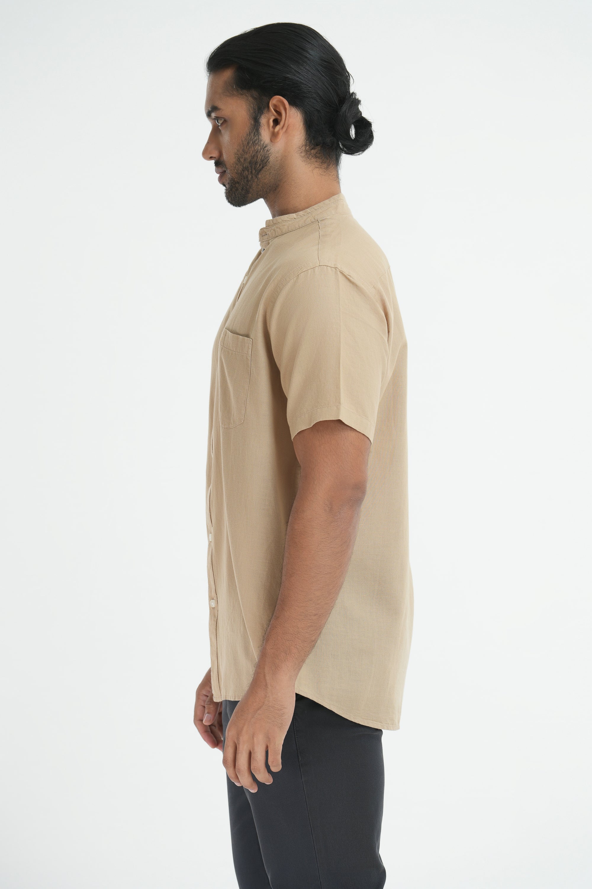 Linen Cotton Chinese Collar Shirt - Beige