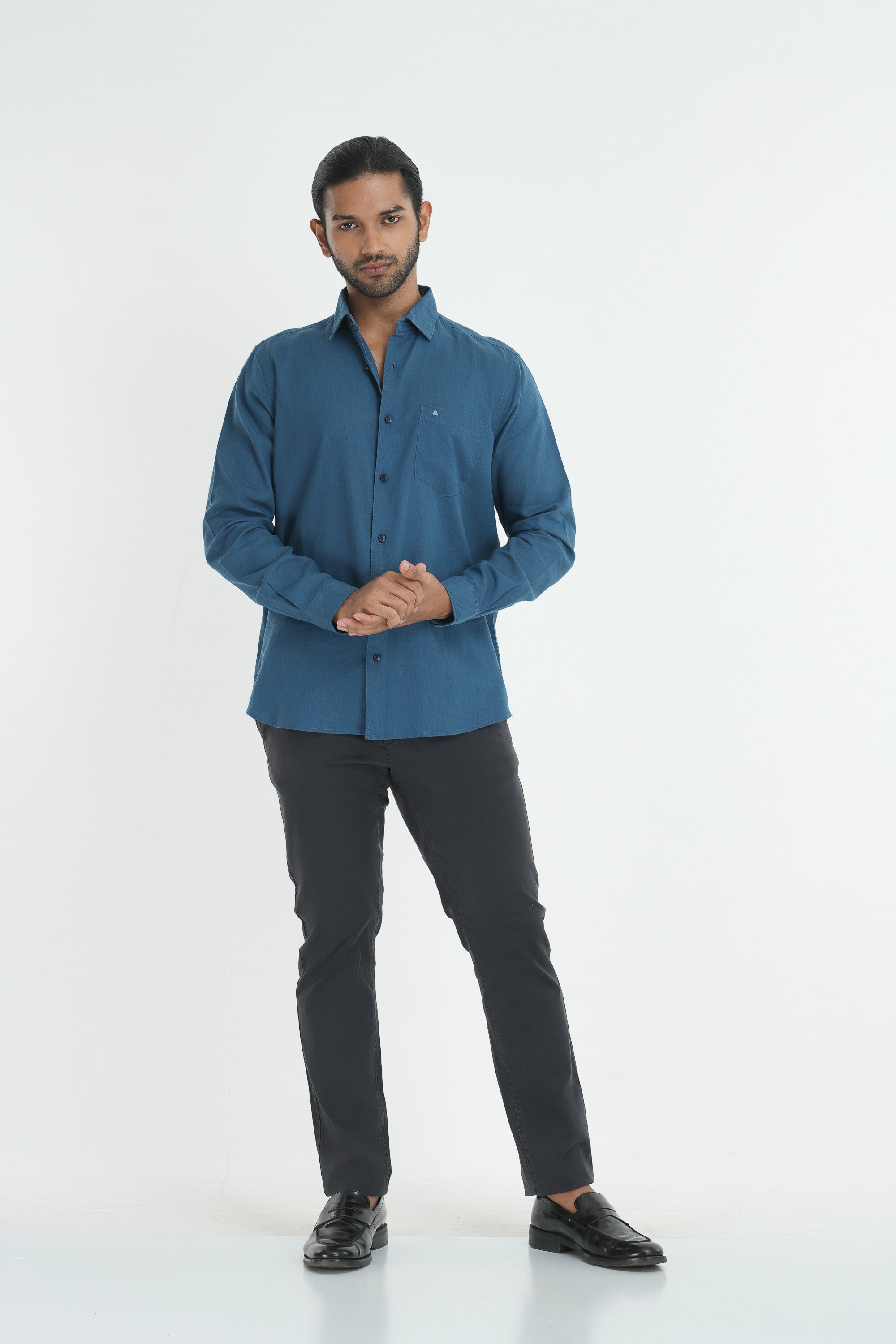 Linen Cotton Full Sleeve tailored Cut Shirt - Blue