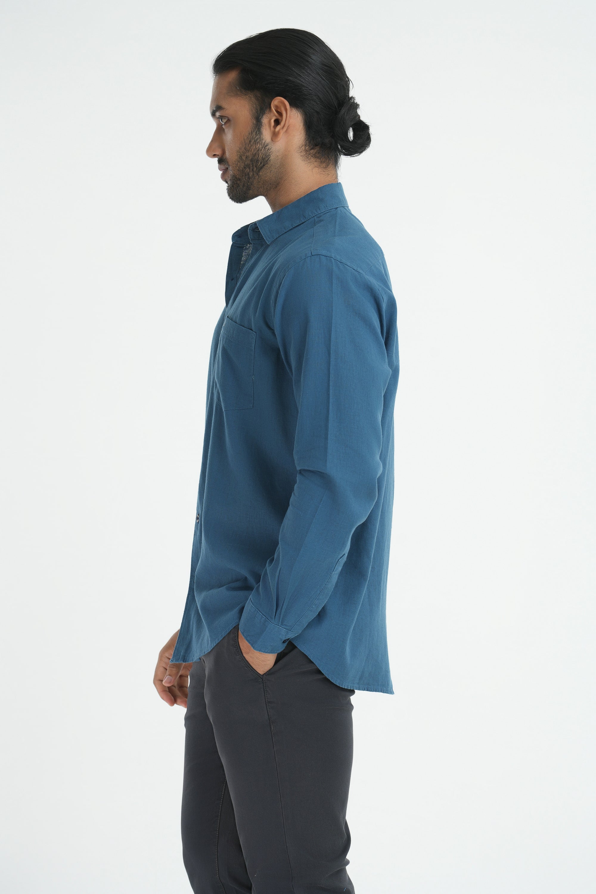 Linen Cotton Full Sleeve tailored Cut Shirt - Blue