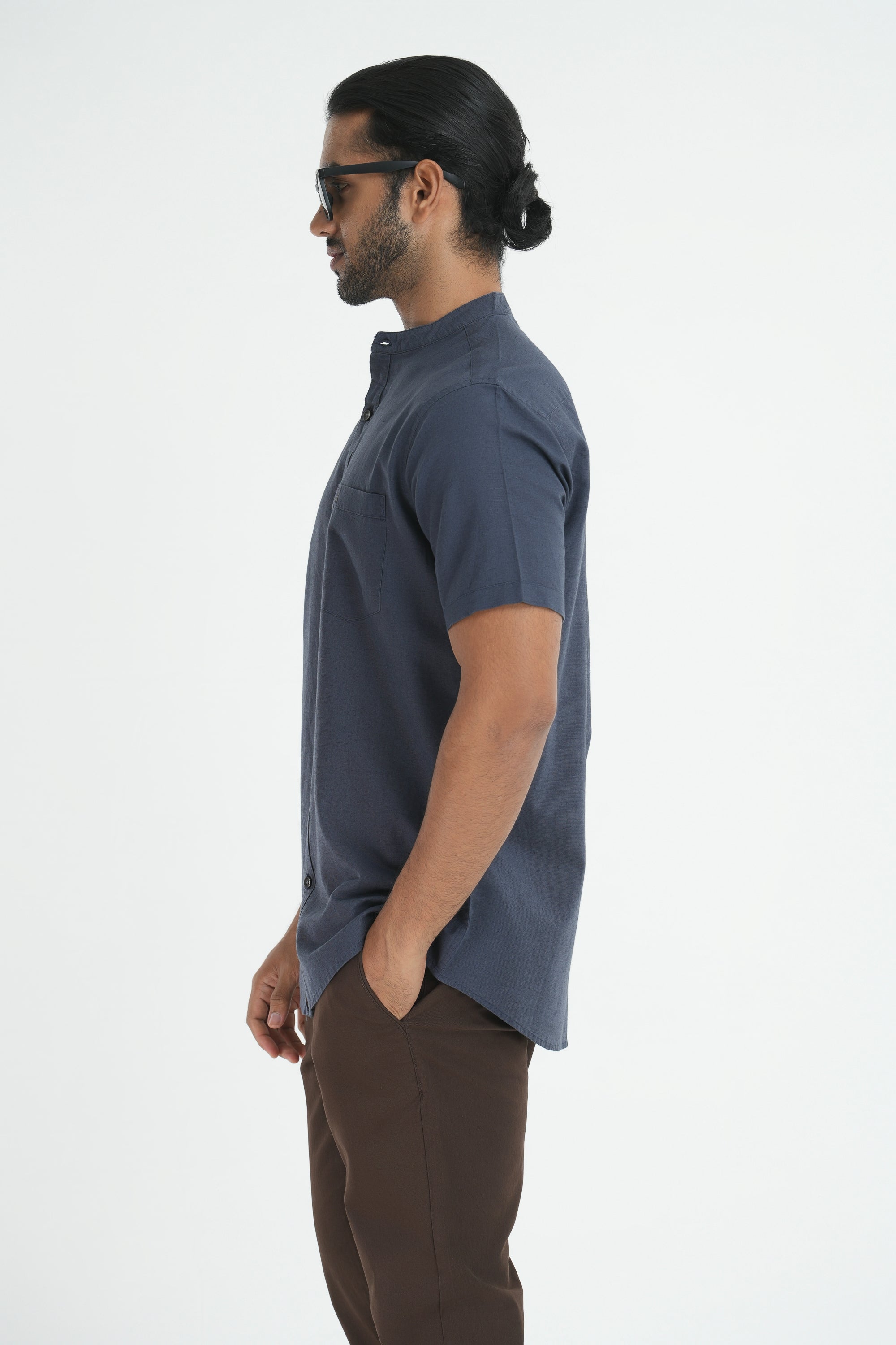 Classic Linen Cotton Mandarin Collar Shirt - Dark grey