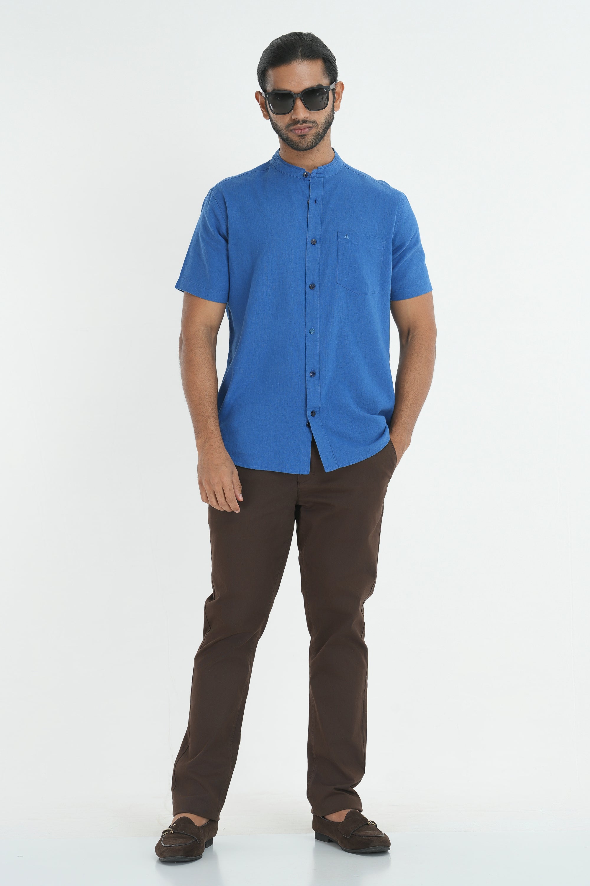 Linen Cotton Chinese Collar Shirt - Blue