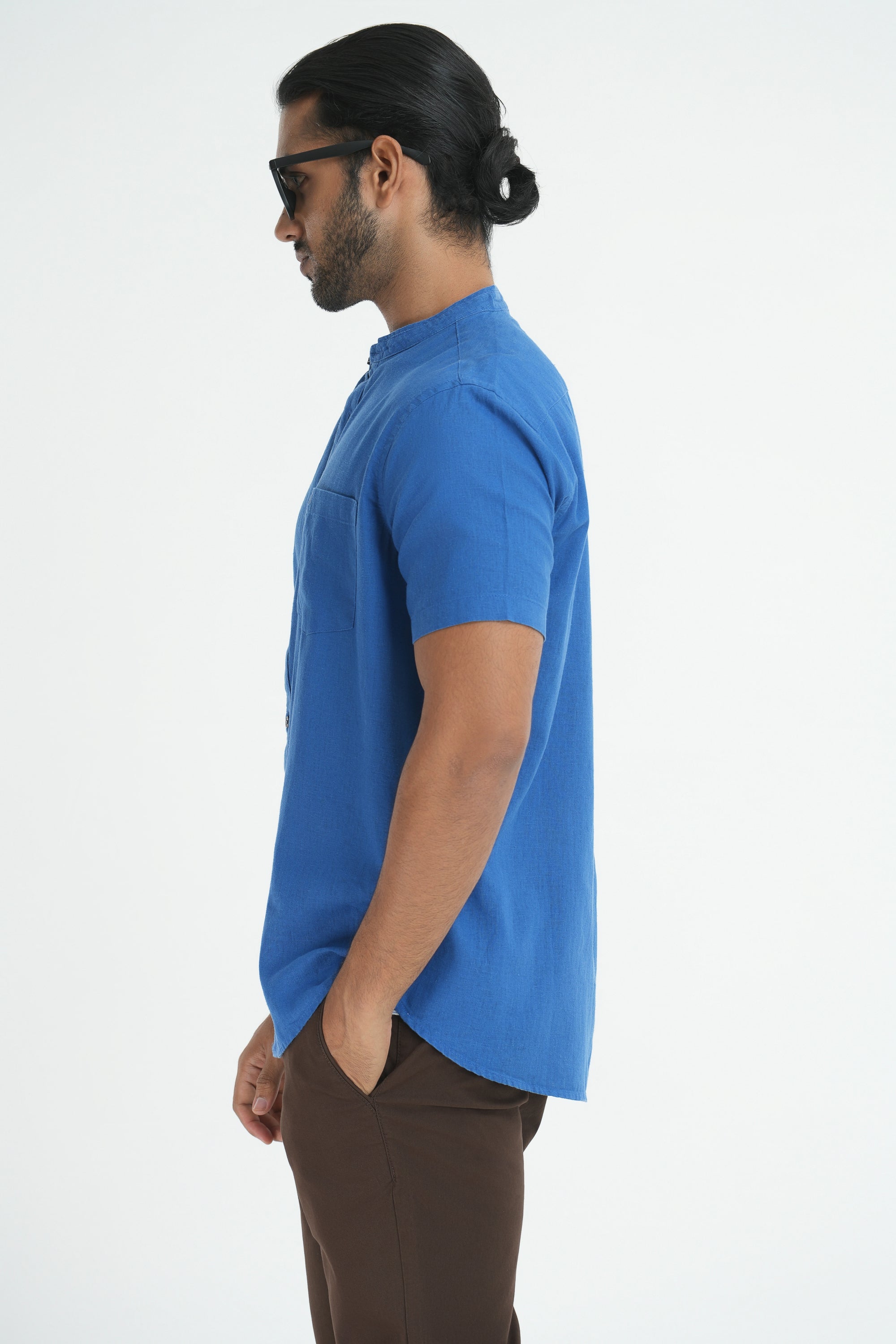 Linen Cotton Chinese Collar Shirt - Blue