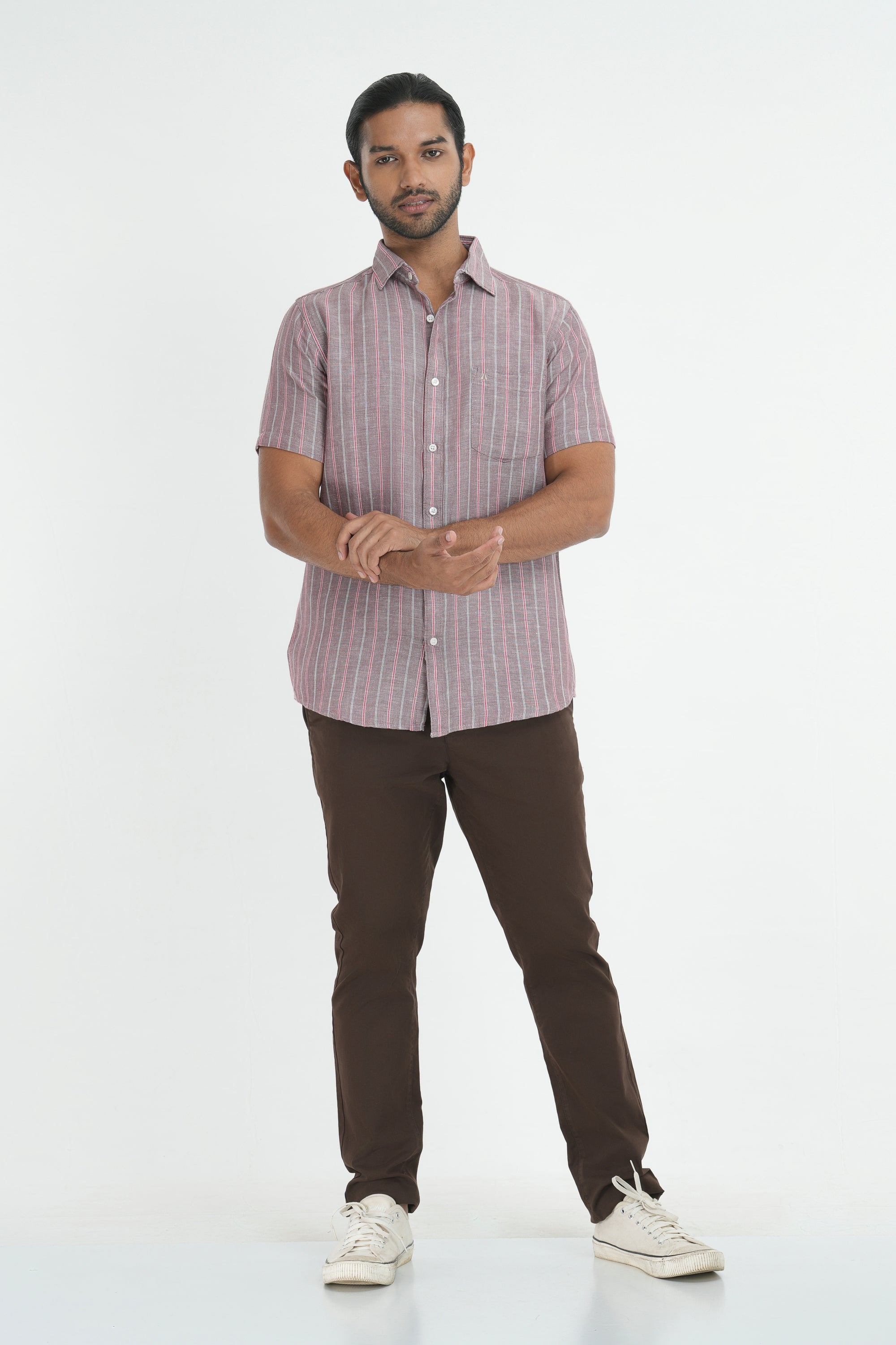 Linen Cotton Stripes Shirt - Light Brown