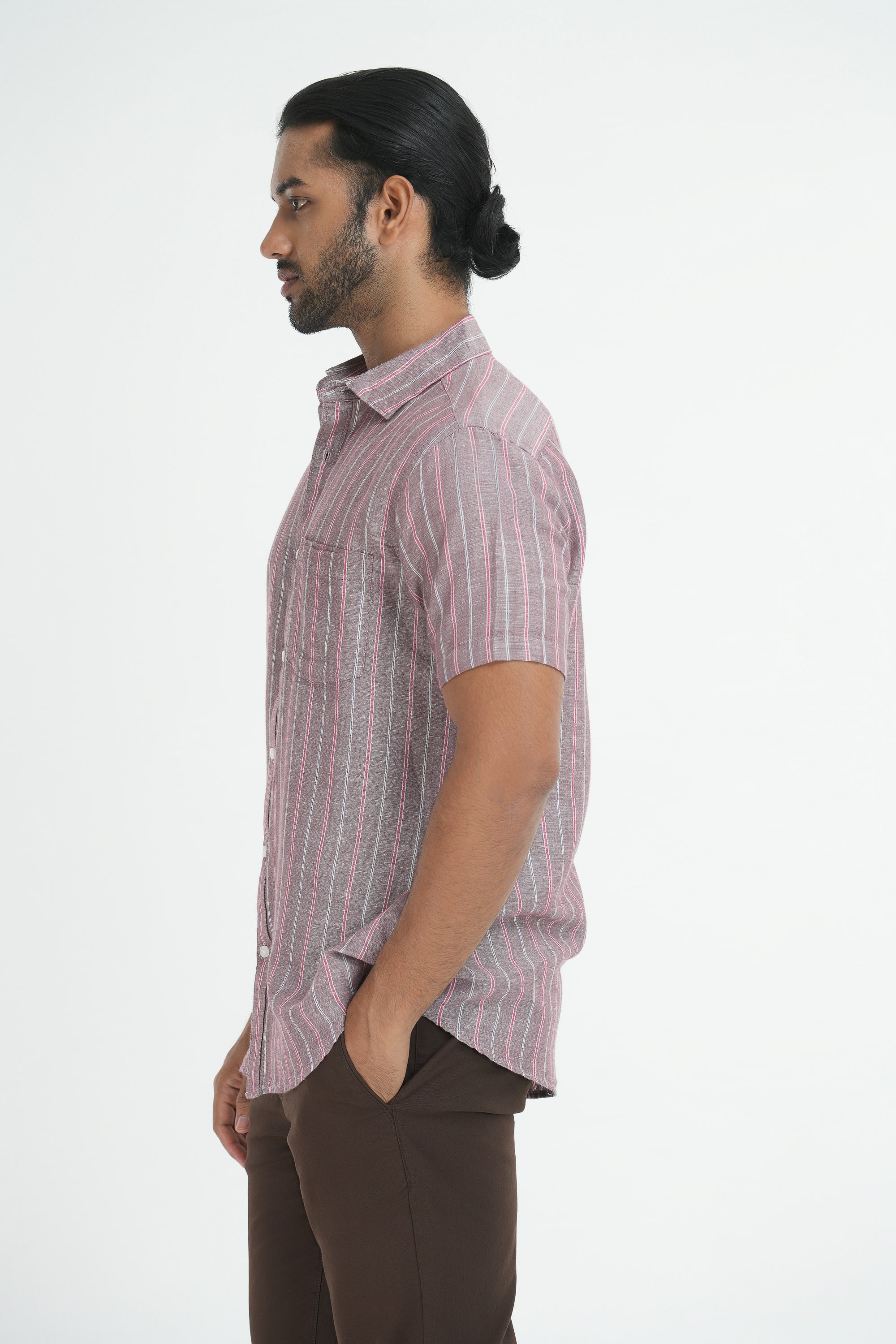 Linen Cotton Stripes Shirt - Light Brown