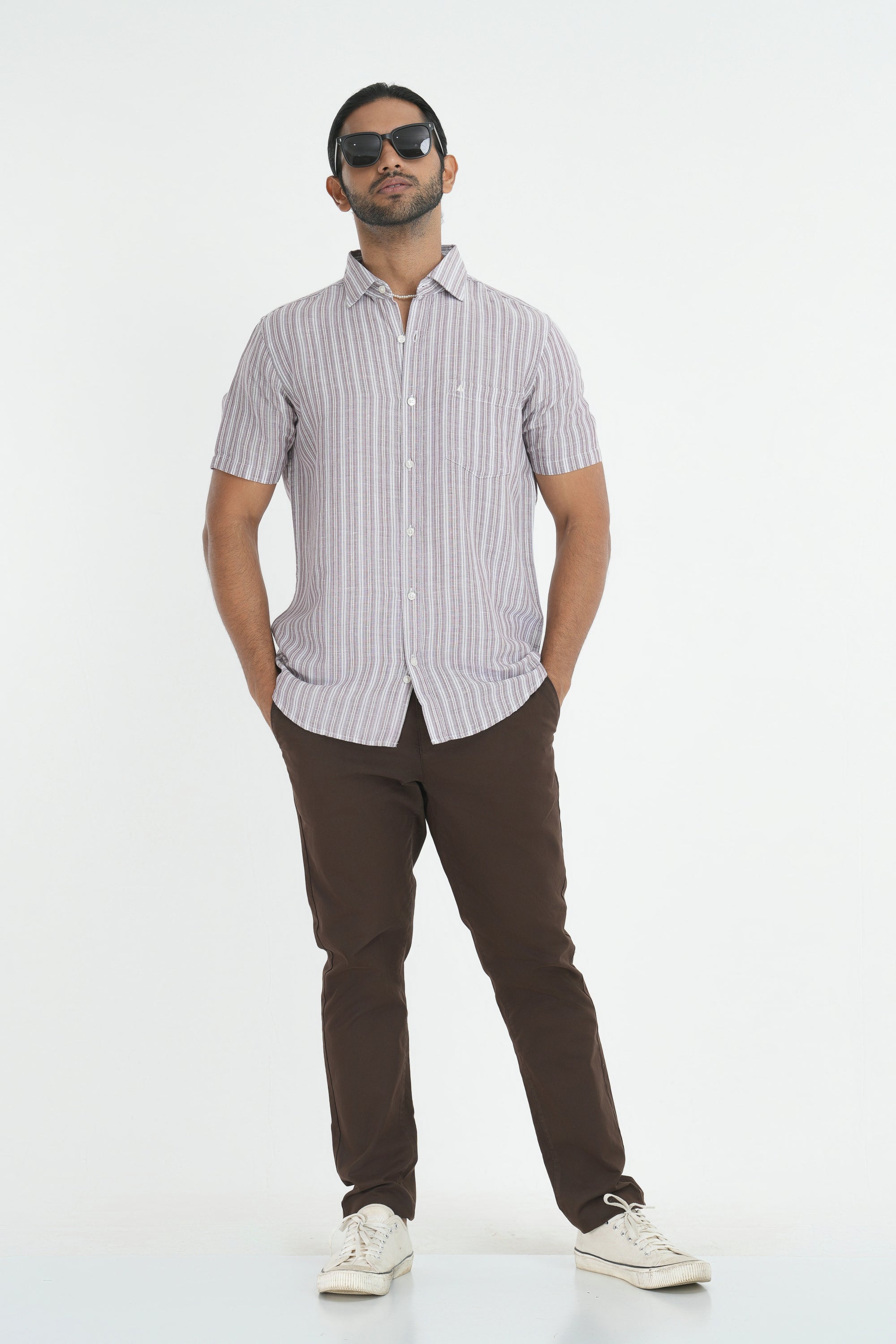 Linen Cotton Stripes Shirt - Light Brown