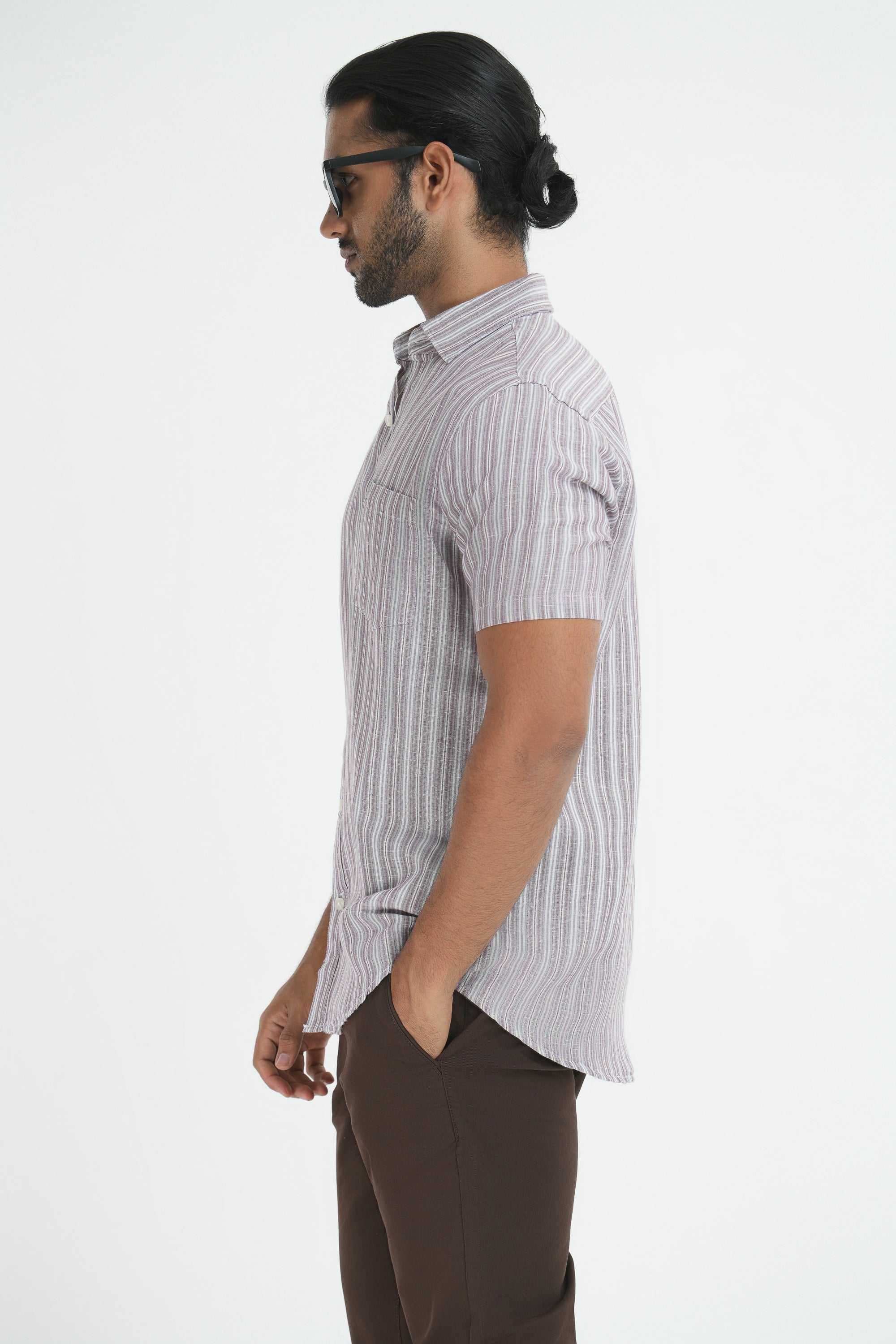 Linen Cotton Stripes Shirt - Light Brown