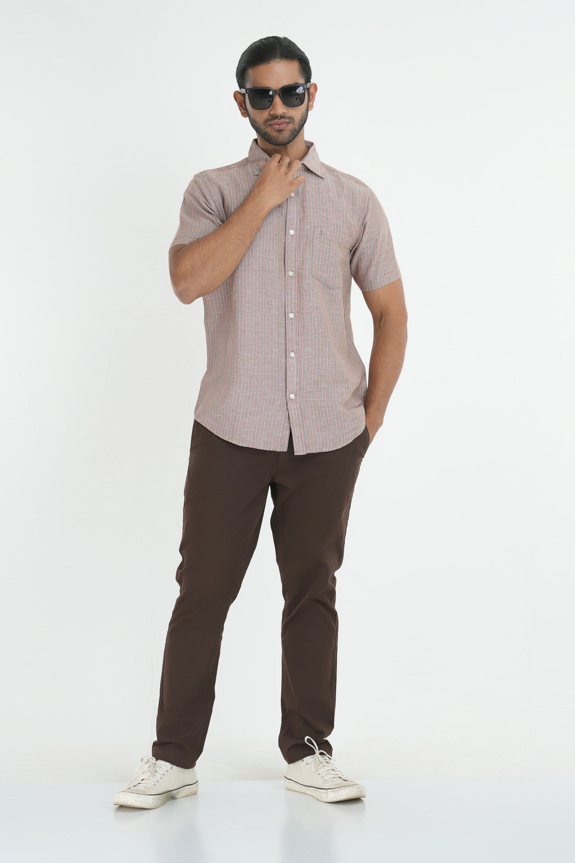 Linen Cotton Stripes Shirt - Light Brown