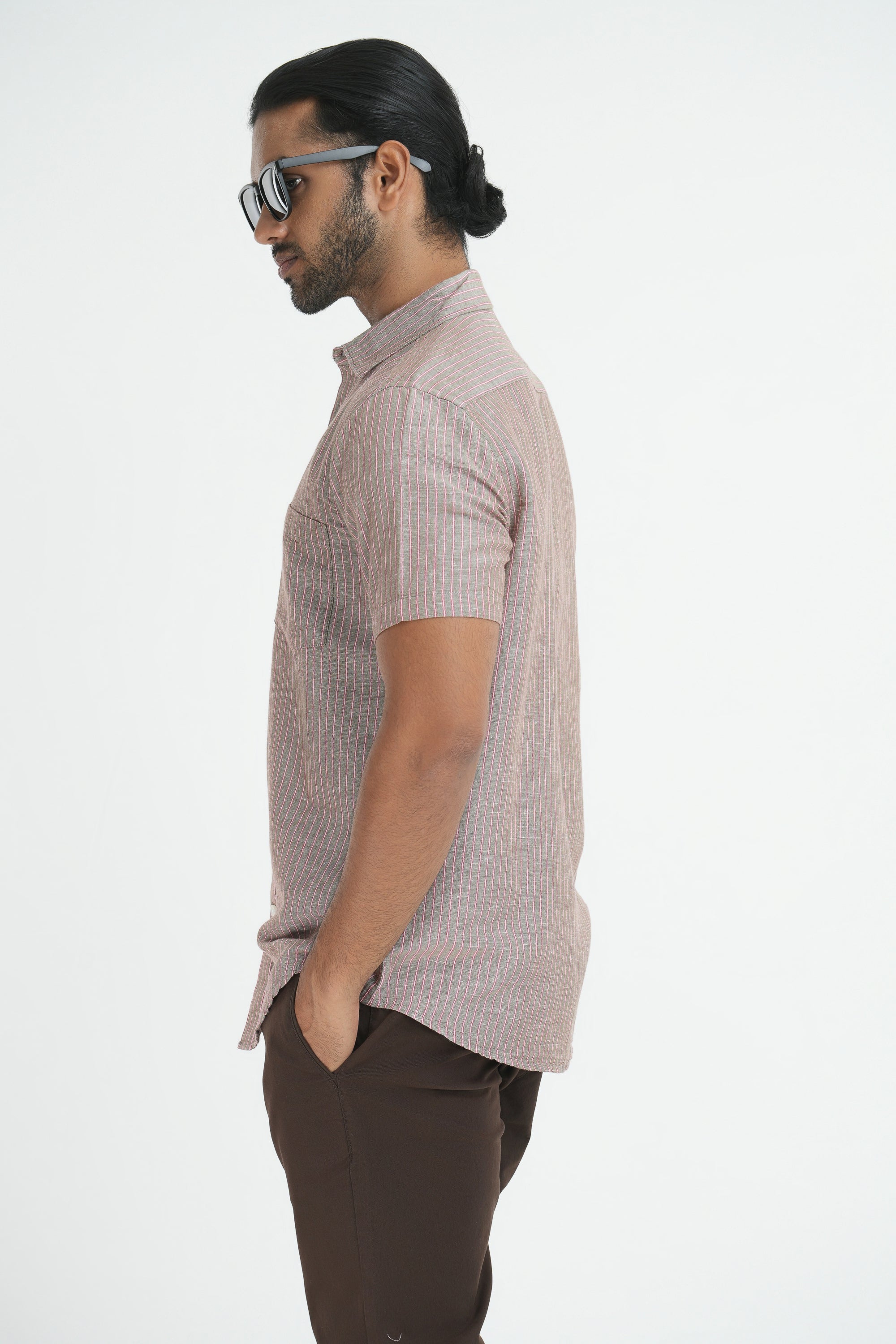 Linen Cotton Stripes Shirt - Light Brown